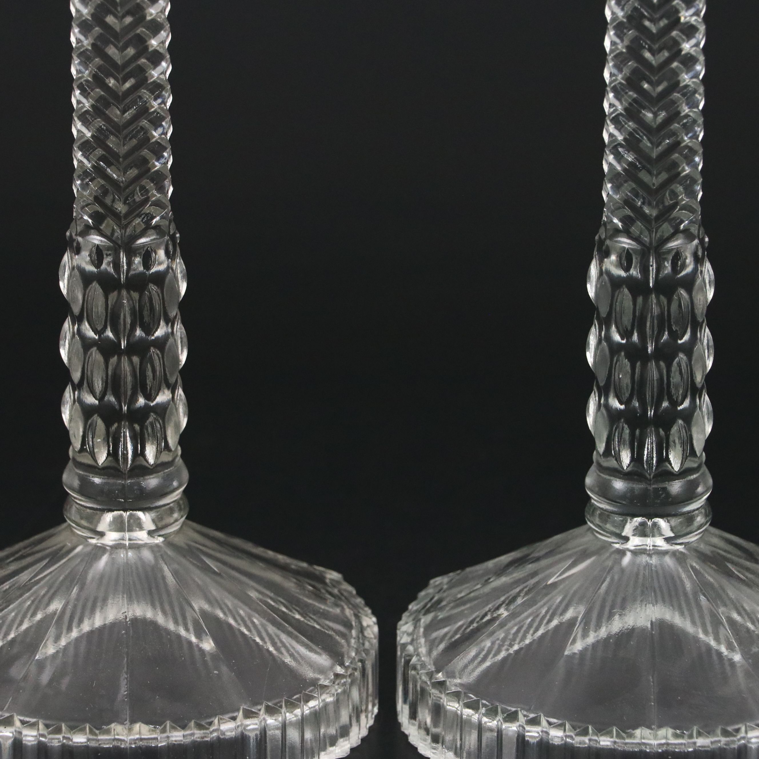 European Art Deco Heavy Pressed Glass Candlesticks, c. 1930s