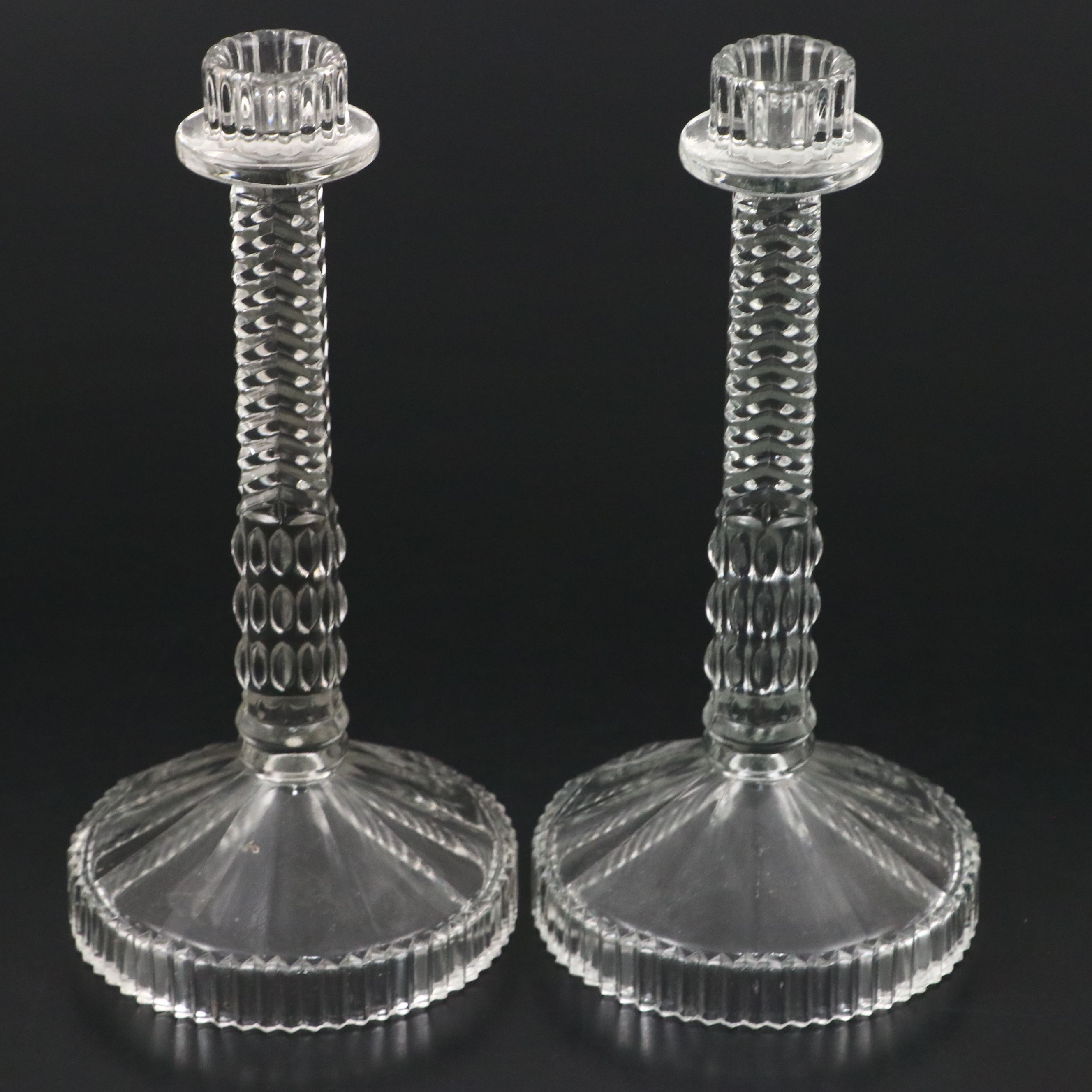 European Art Deco Heavy Pressed Glass Candlesticks, c. 1930s