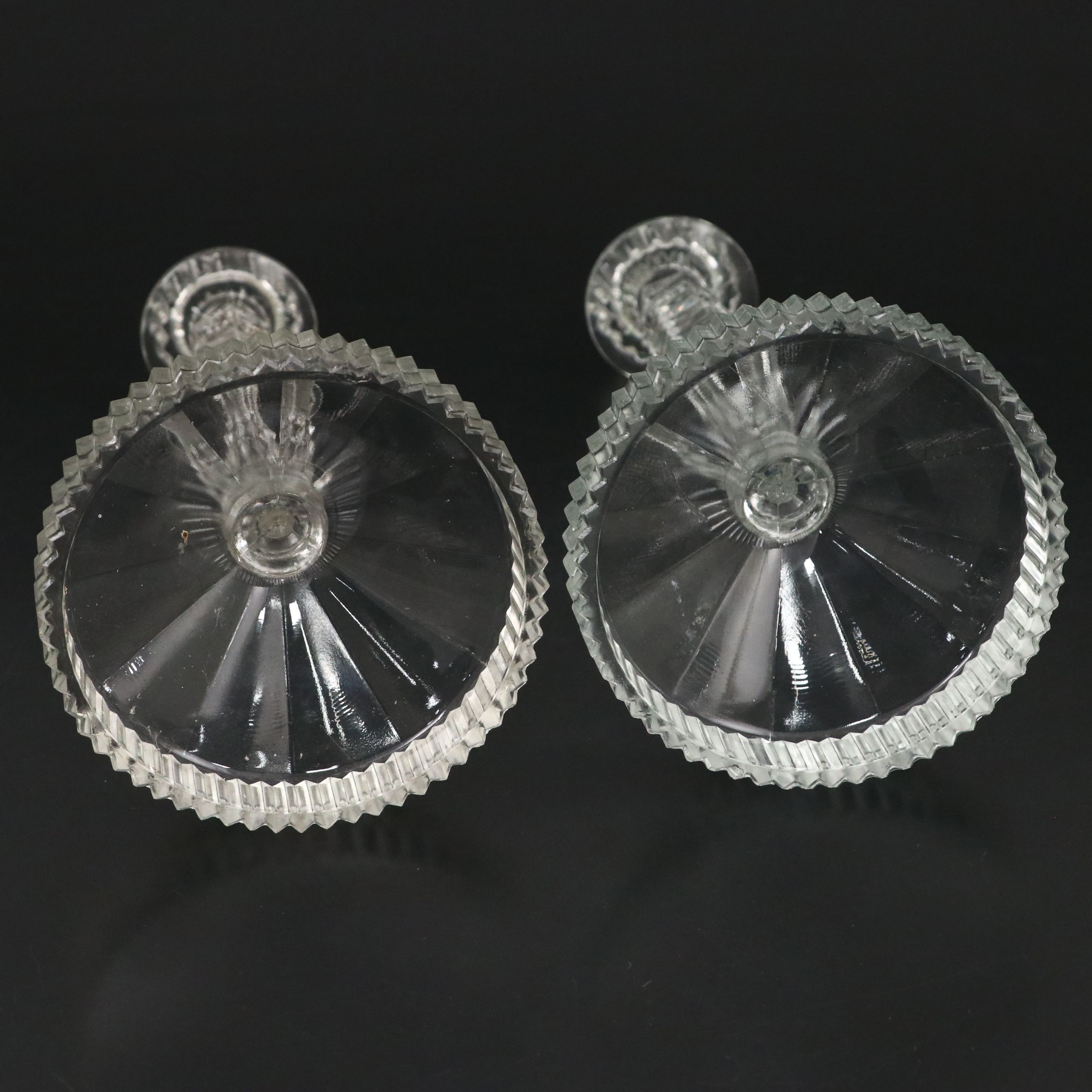 European Art Deco Heavy Pressed Glass Candlesticks, c. 1930s