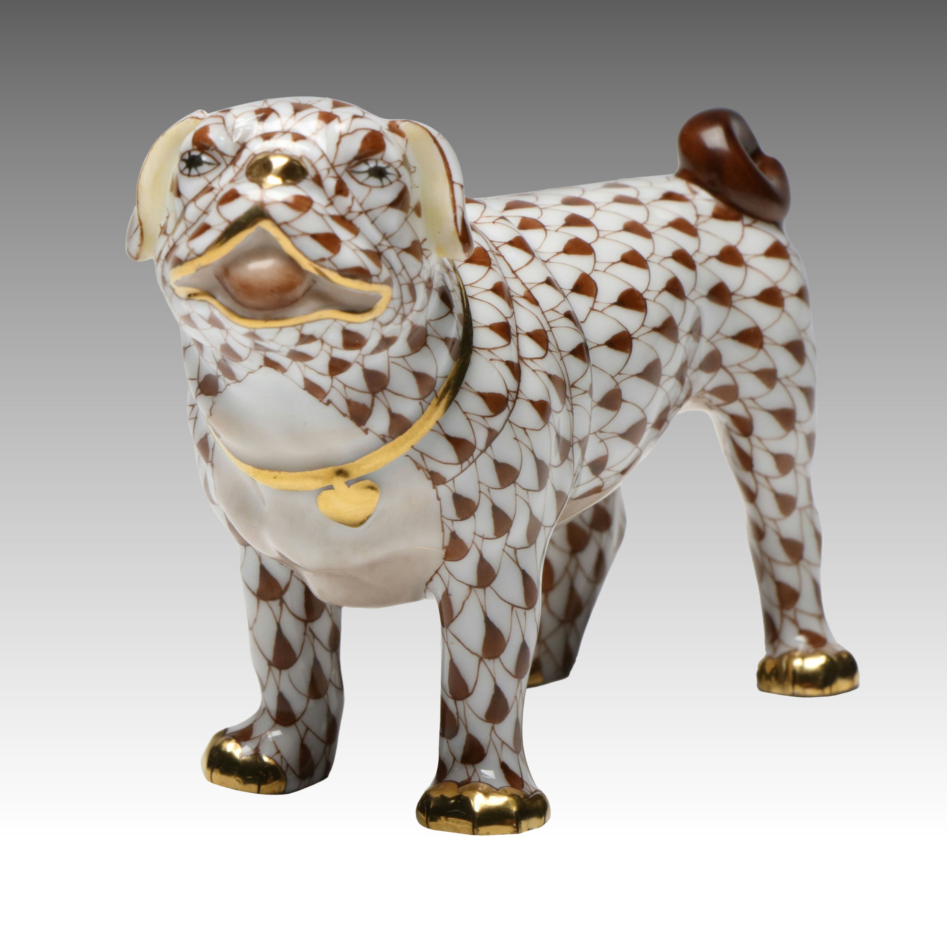 Herend Chocolate Fishnet with Gold "Pug" Porcelain Figurine