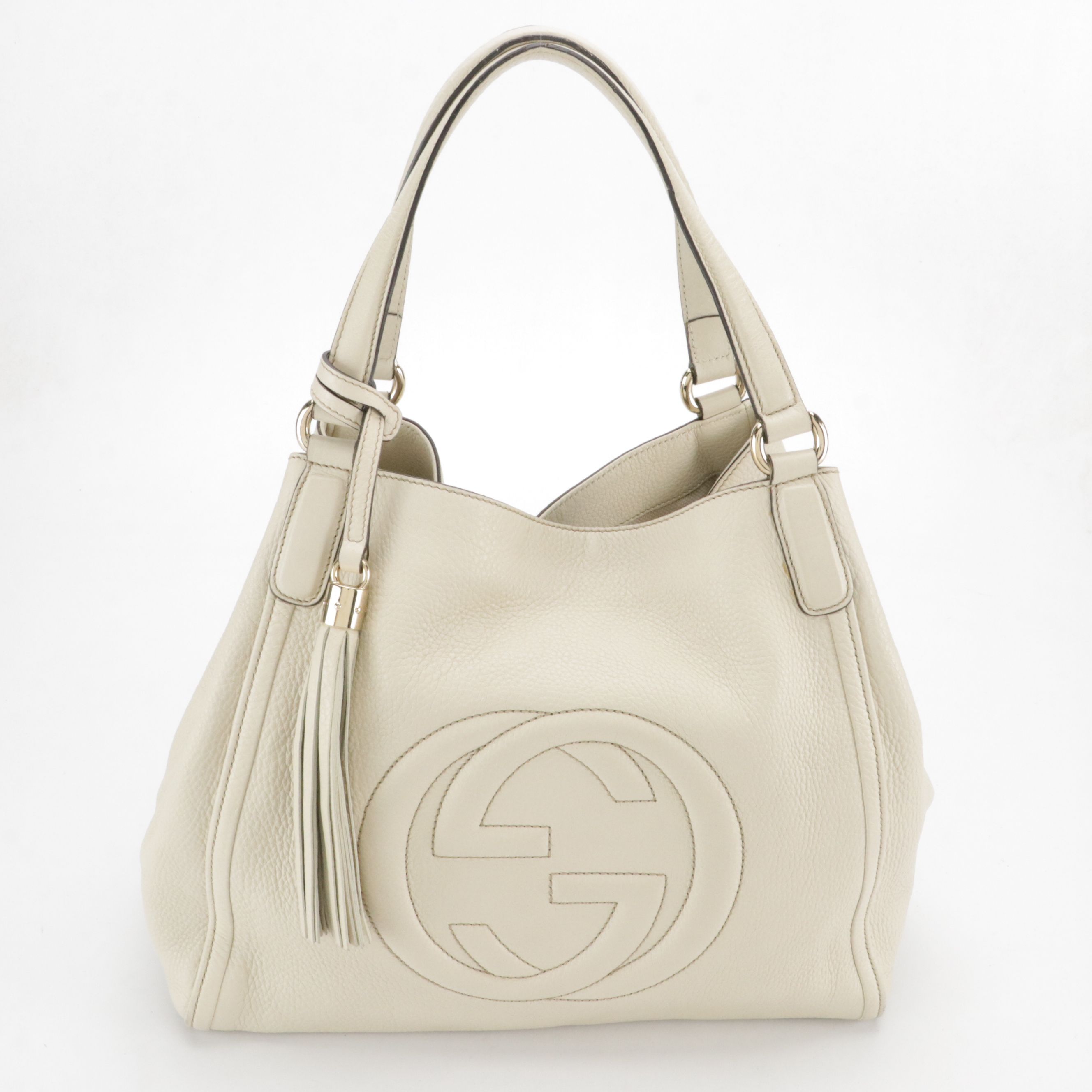 Gucci Soho Tassel Hobo Tote Bag in White Grained Calfskin Leather