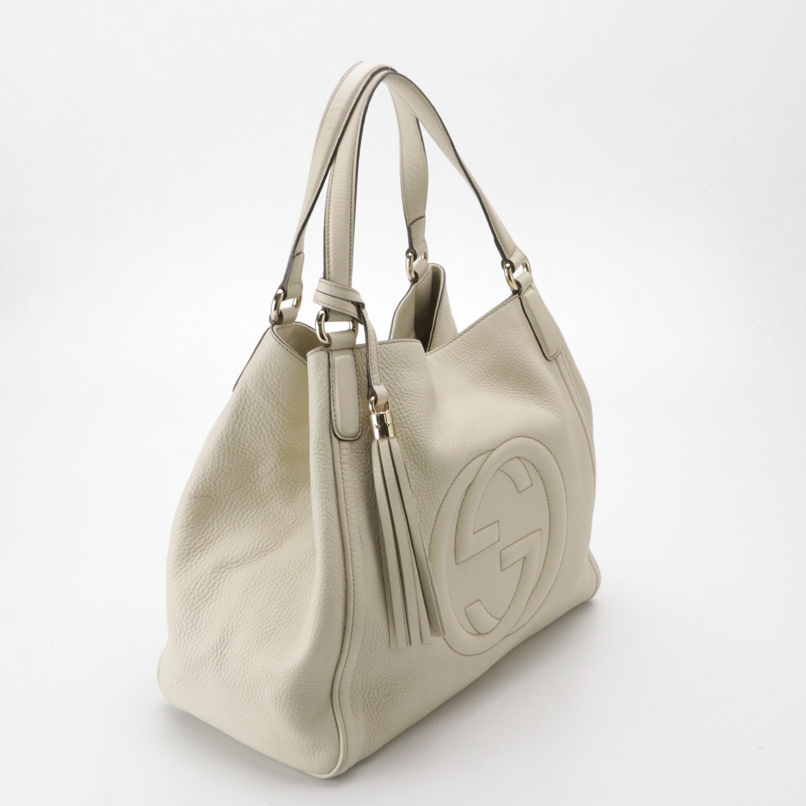 Gucci Soho Tassel Hobo Tote Bag in White Grained Calfskin Leather