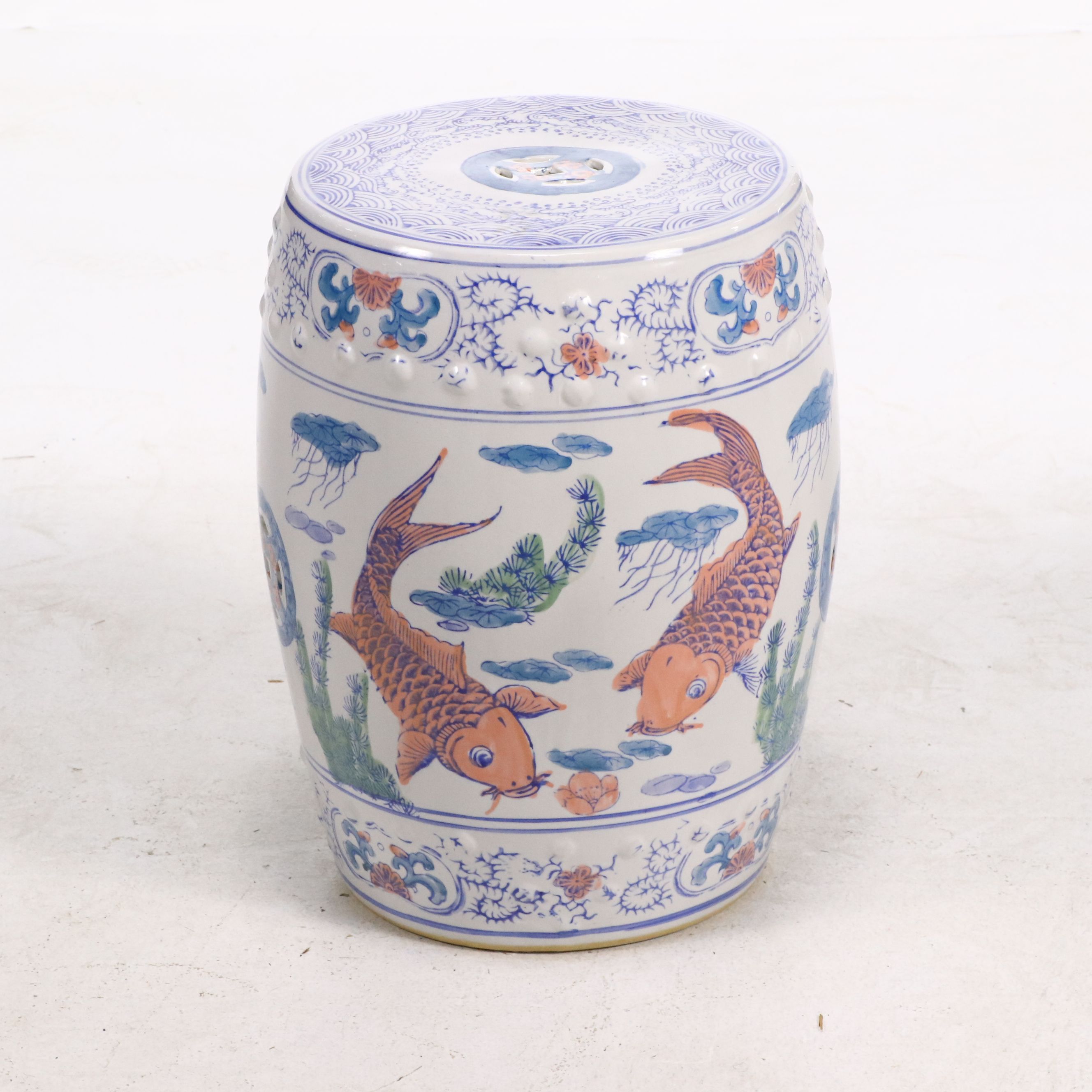 Chinese Porcelain Garden Stool with Koi and Fishpond Motif
