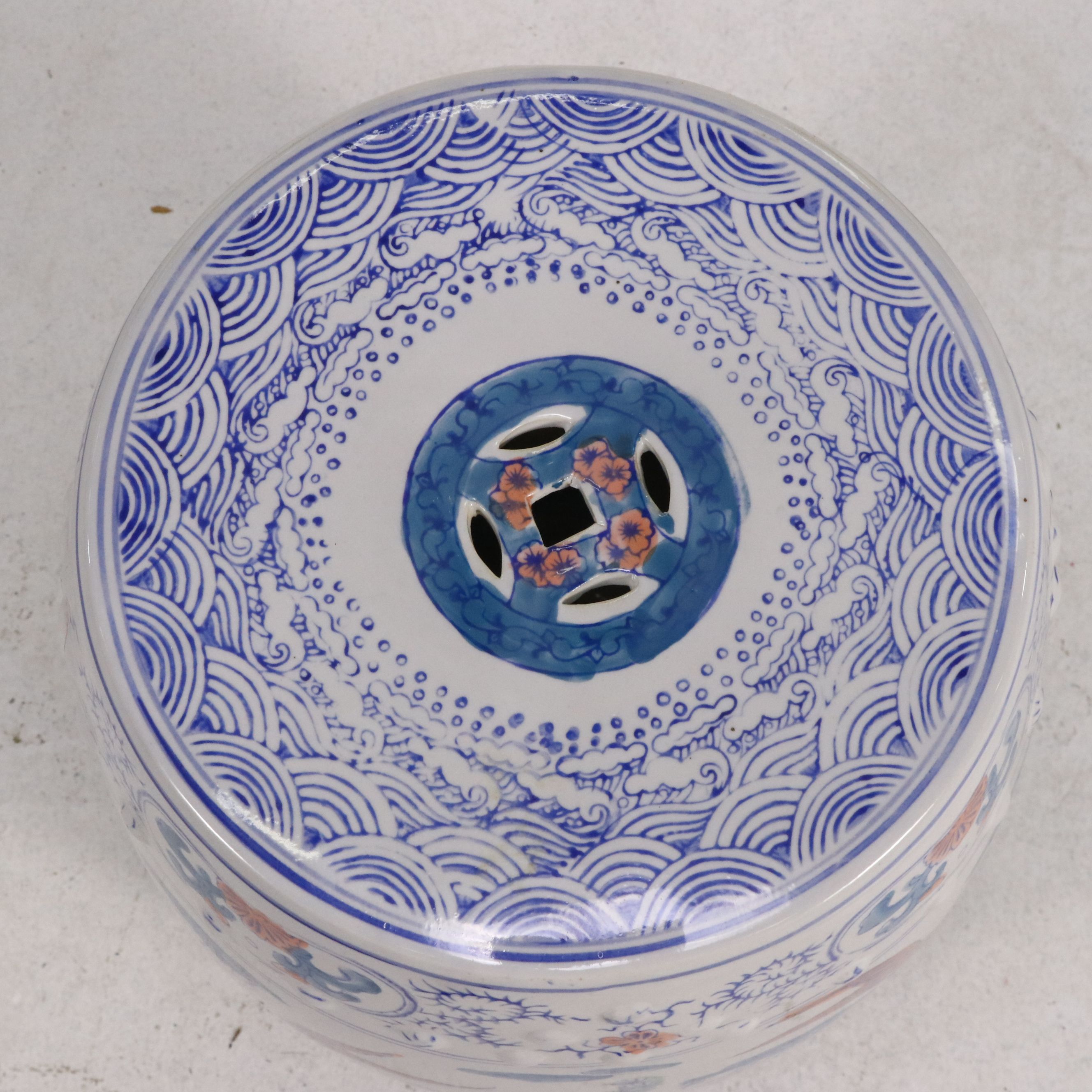 Chinese Porcelain Garden Stool with Koi and Fishpond Motif