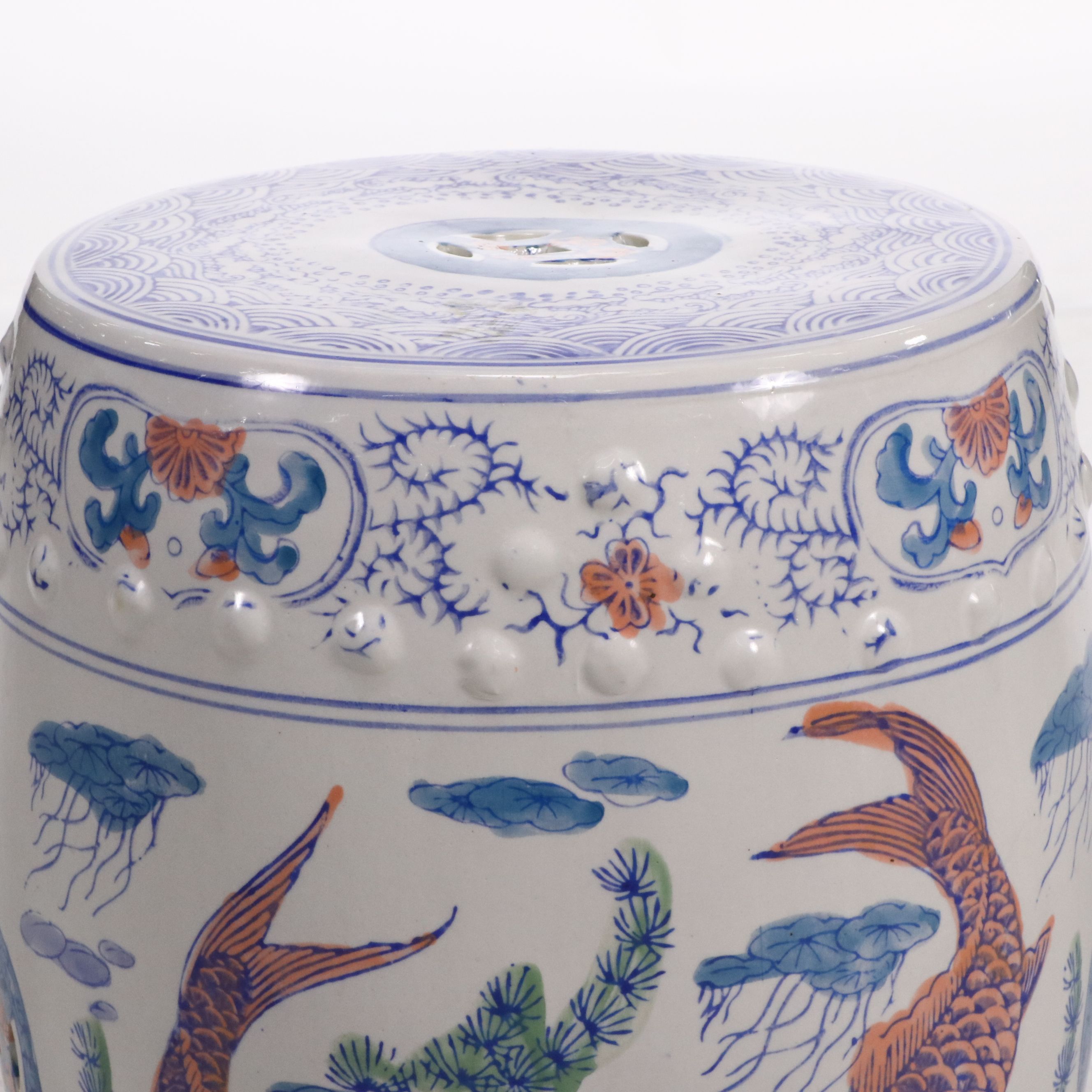 Chinese Porcelain Garden Stool with Koi and Fishpond Motif