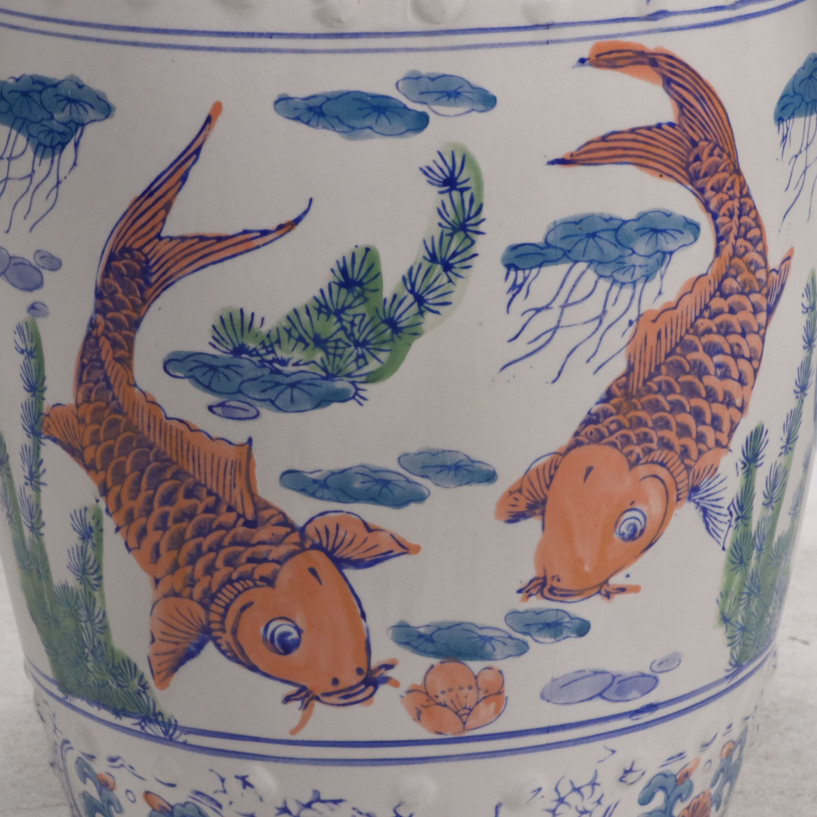 Chinese Porcelain Garden Stool with Koi and Fishpond Motif