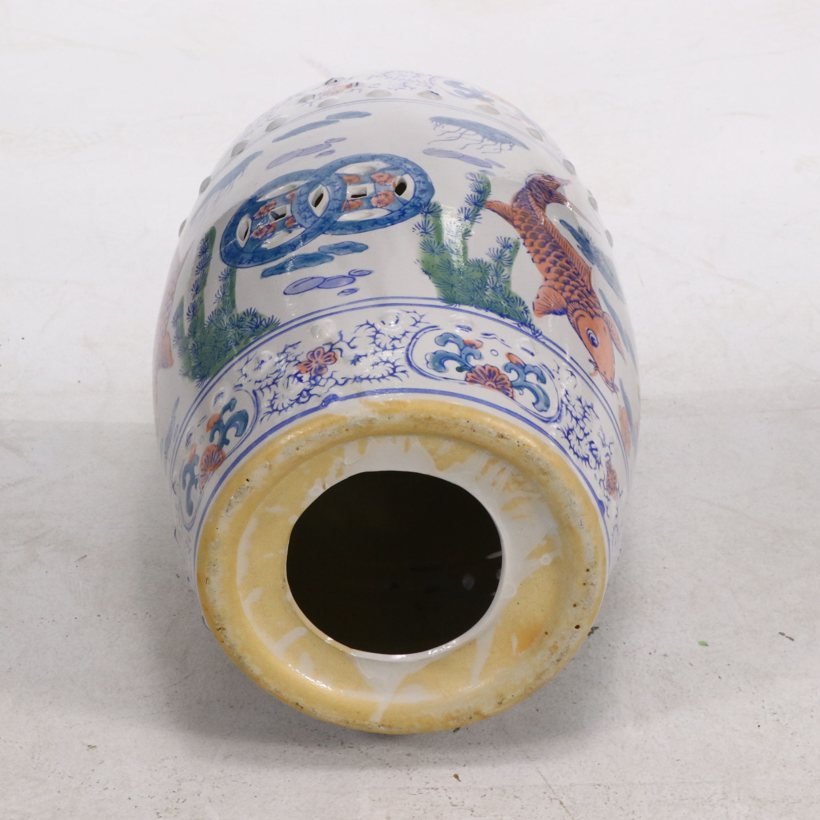 Chinese Porcelain Garden Stool with Koi and Fishpond Motif