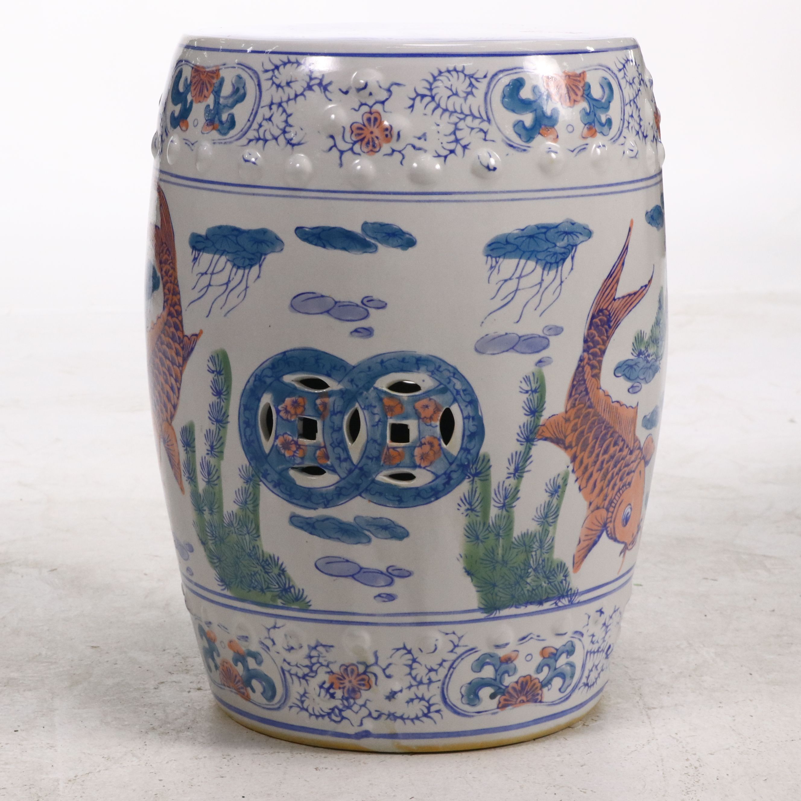 Chinese Porcelain Garden Stool with Koi and Fishpond Motif