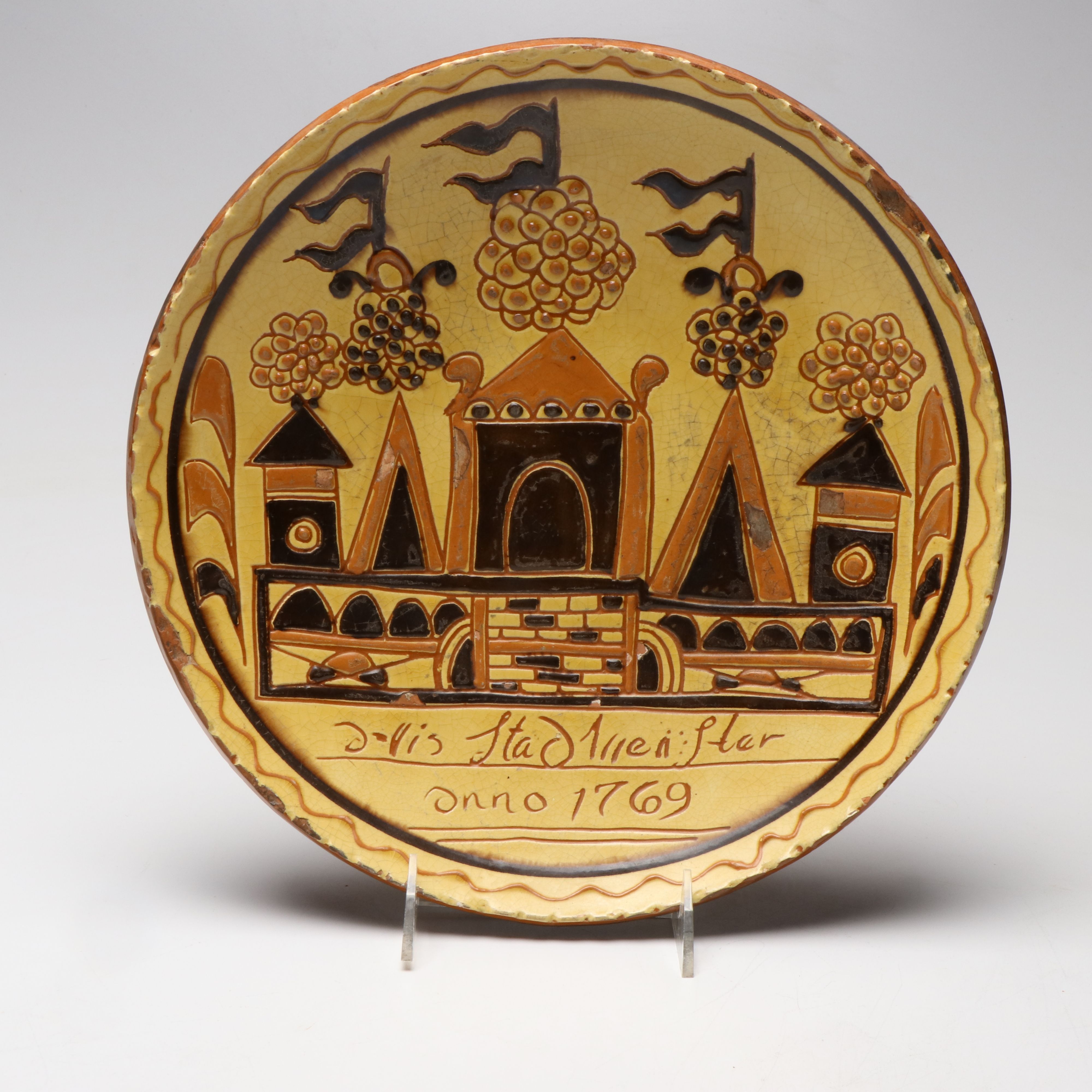 Turtlecreek Pottery Folk Art Redware Plate and Figurine, 2000s