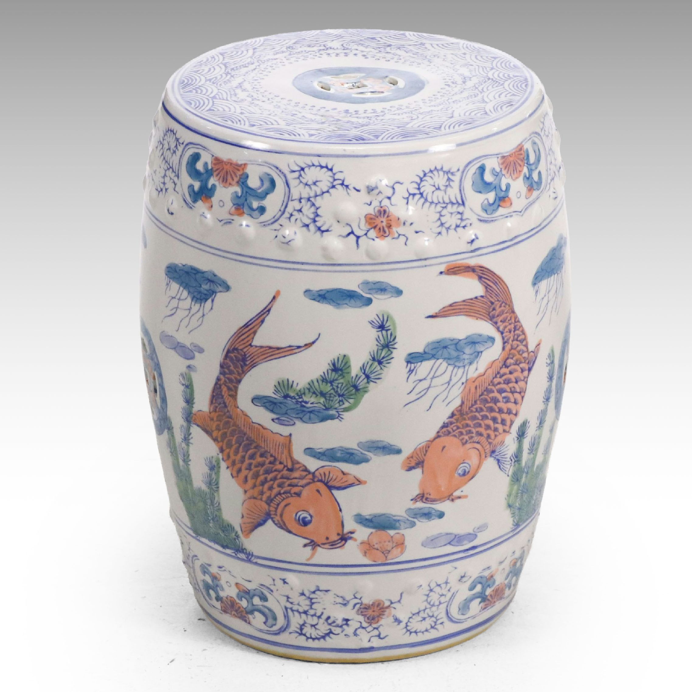 Chinese Porcelain Garden Stool with Koi and Fishpond Motif