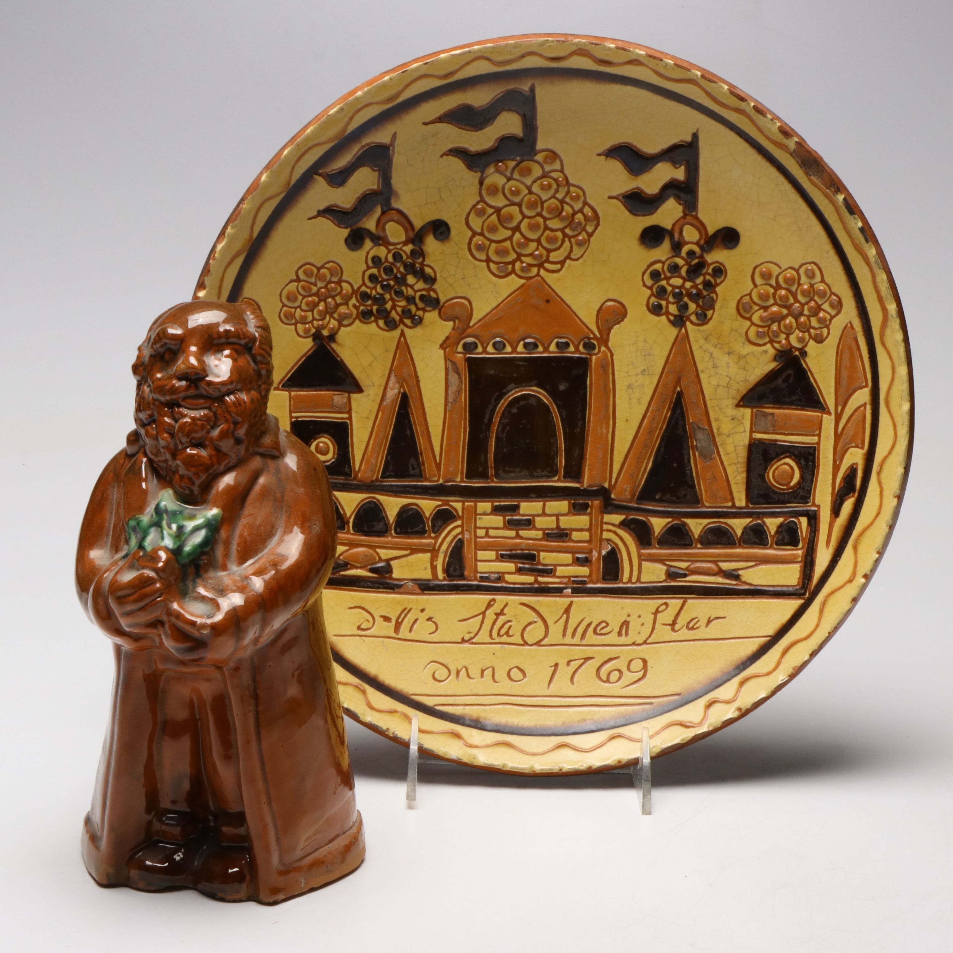 Turtlecreek Pottery Folk Art Redware Plate and Figurine, 2000s