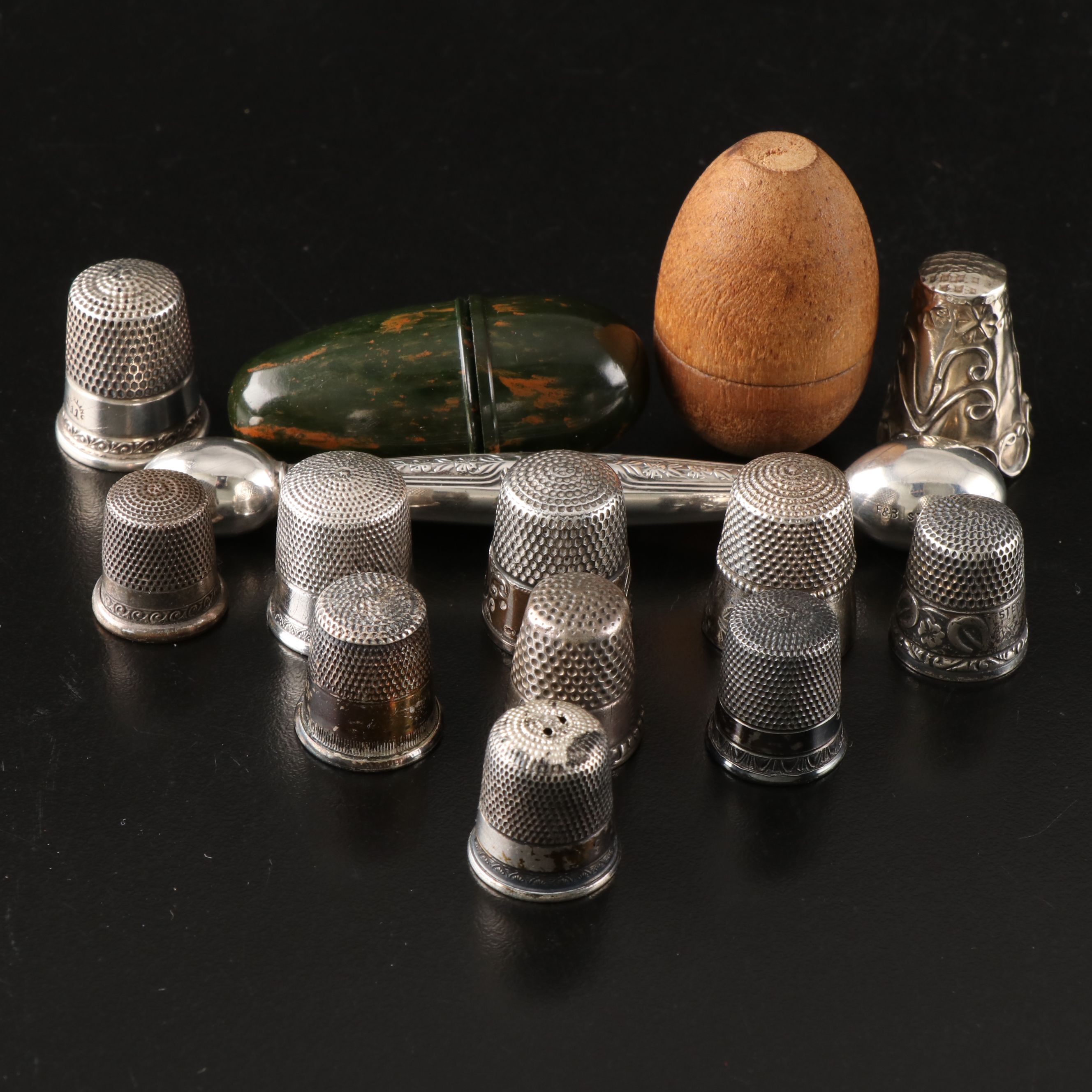 Sterling Silver Thimbles and Glove Darner with Thimble Holders