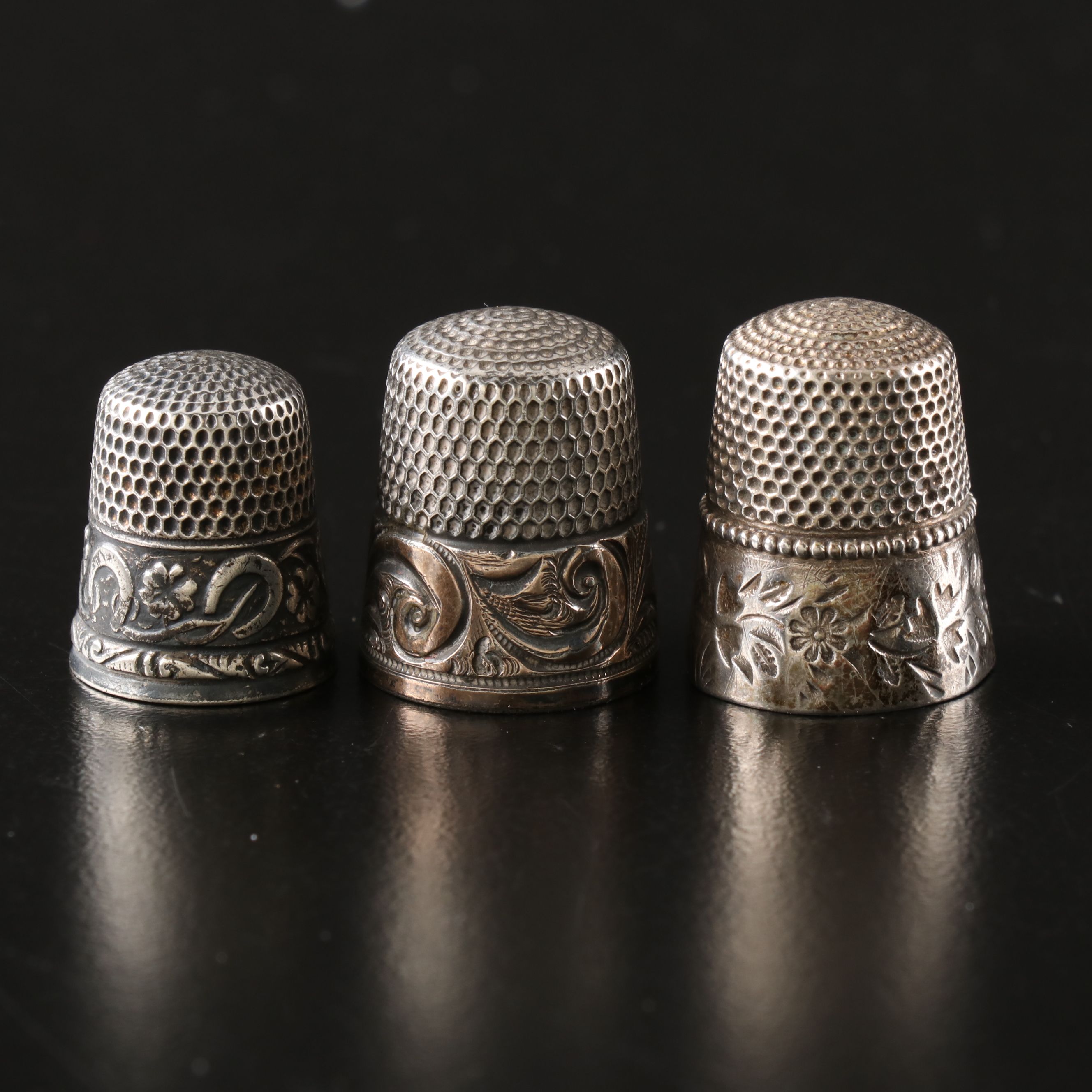 Sterling Silver Thimbles and Glove Darner with Thimble Holders