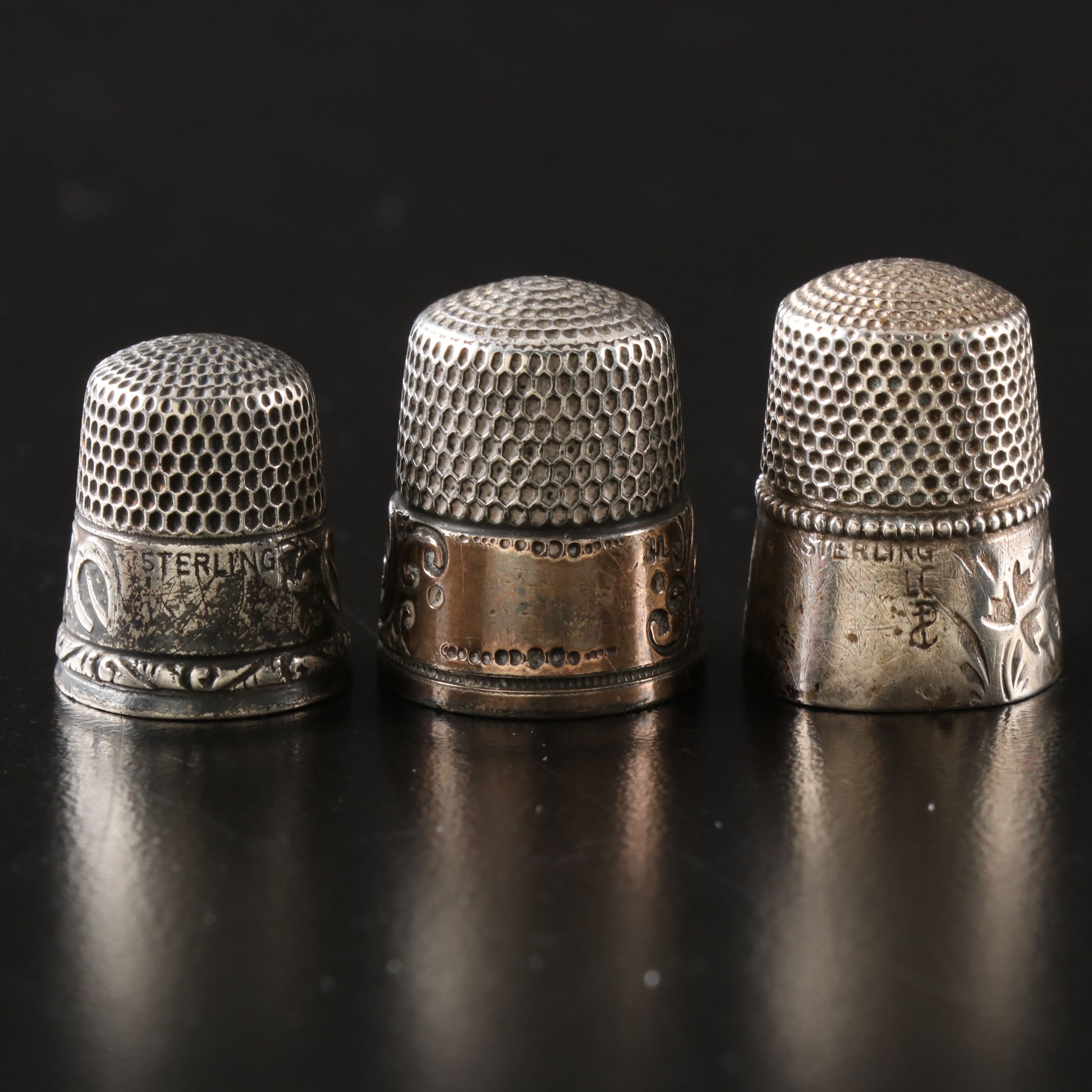 Sterling Silver Thimbles and Glove Darner with Thimble Holders
