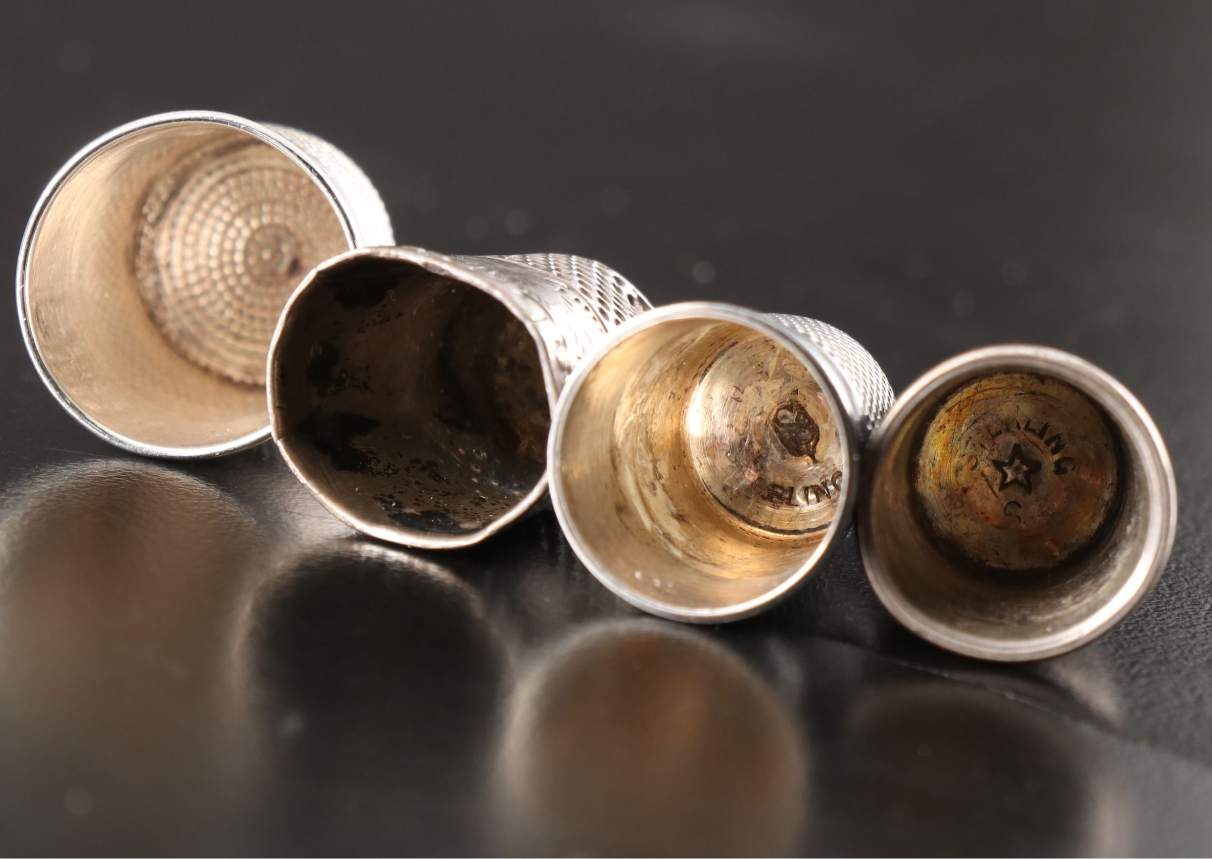 Sterling Silver Thimbles and Glove Darner with Thimble Holders