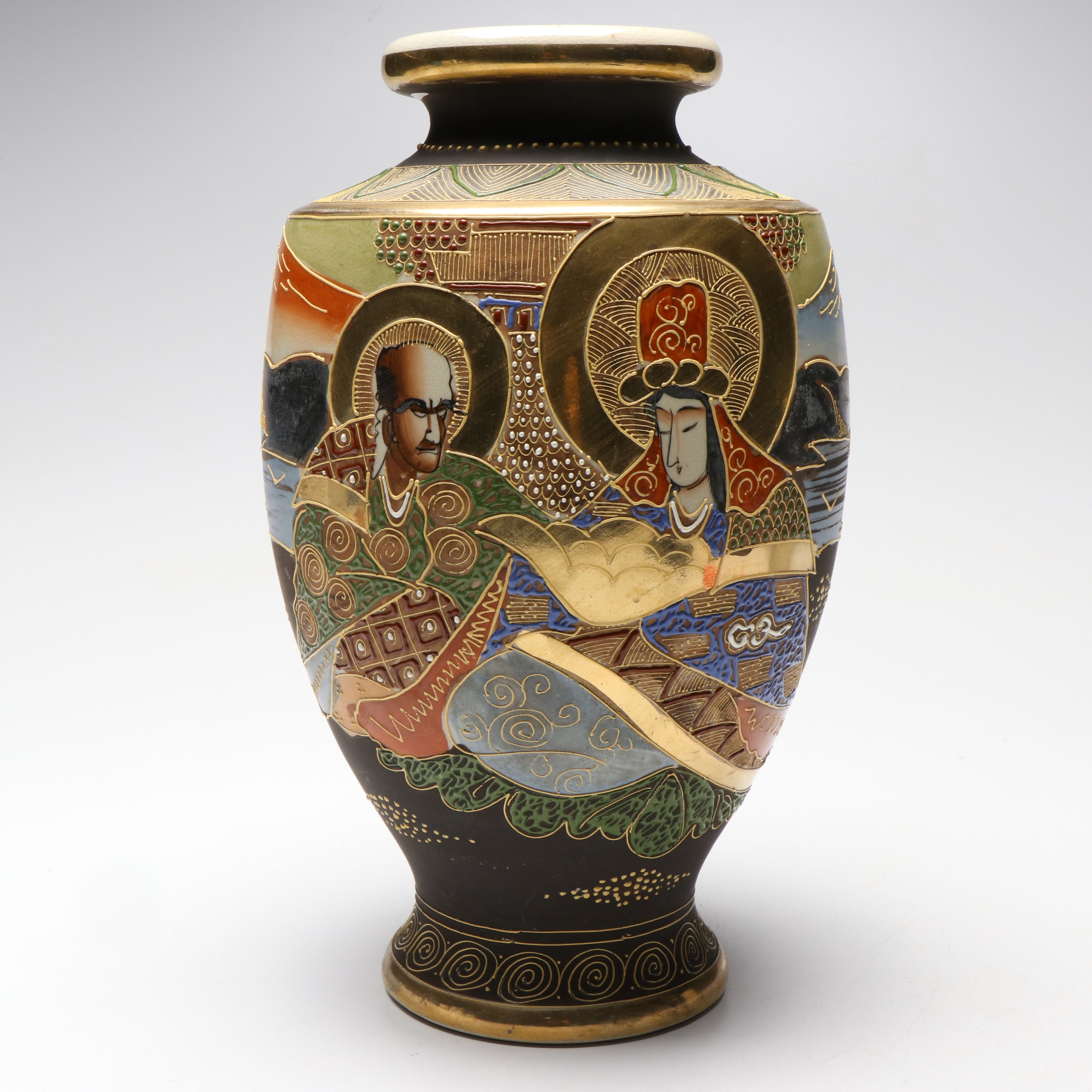 Japanese Satsuma Moriage Rakan and Kannon Porcelain Vase