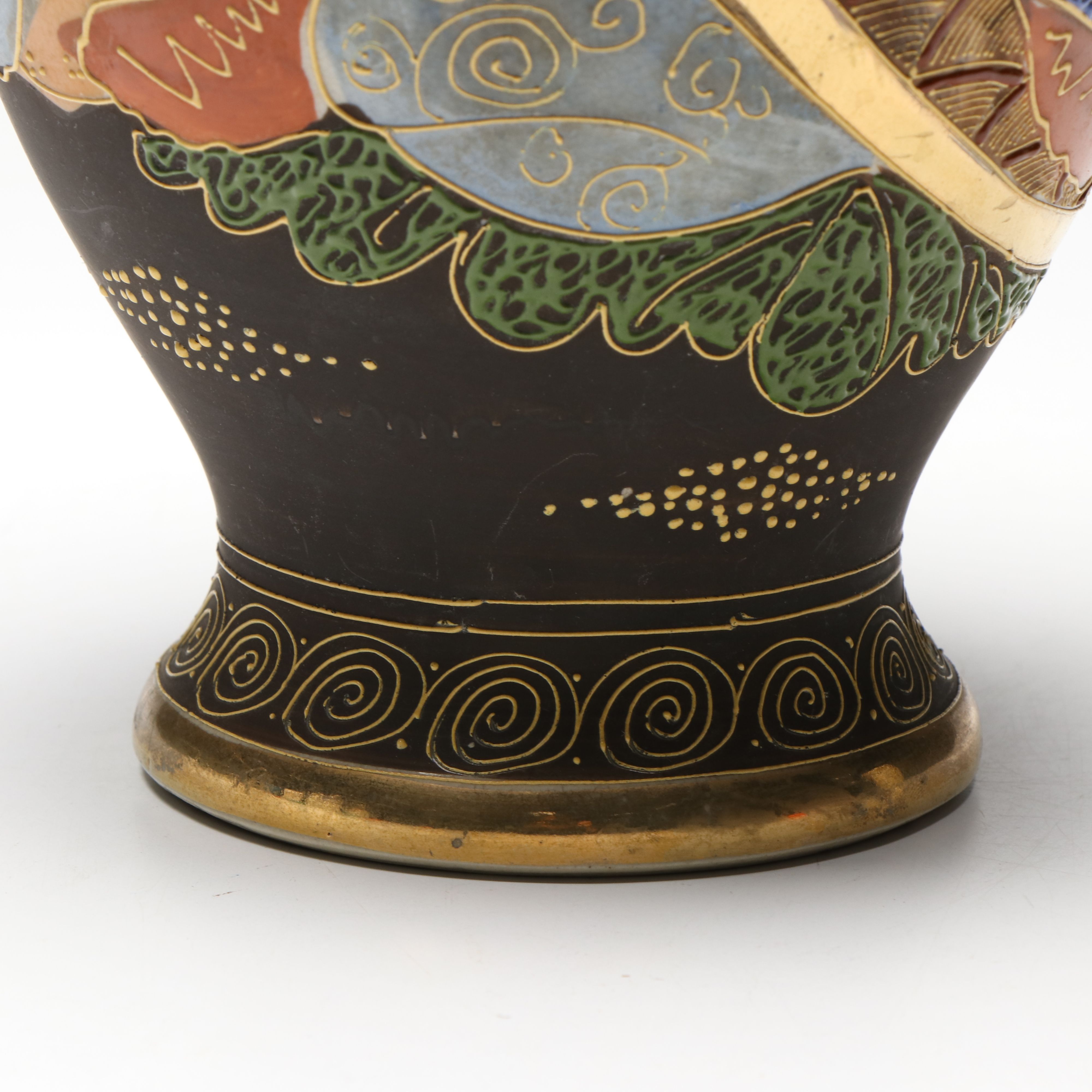 Japanese Satsuma Moriage Rakan and Kannon Porcelain Vase