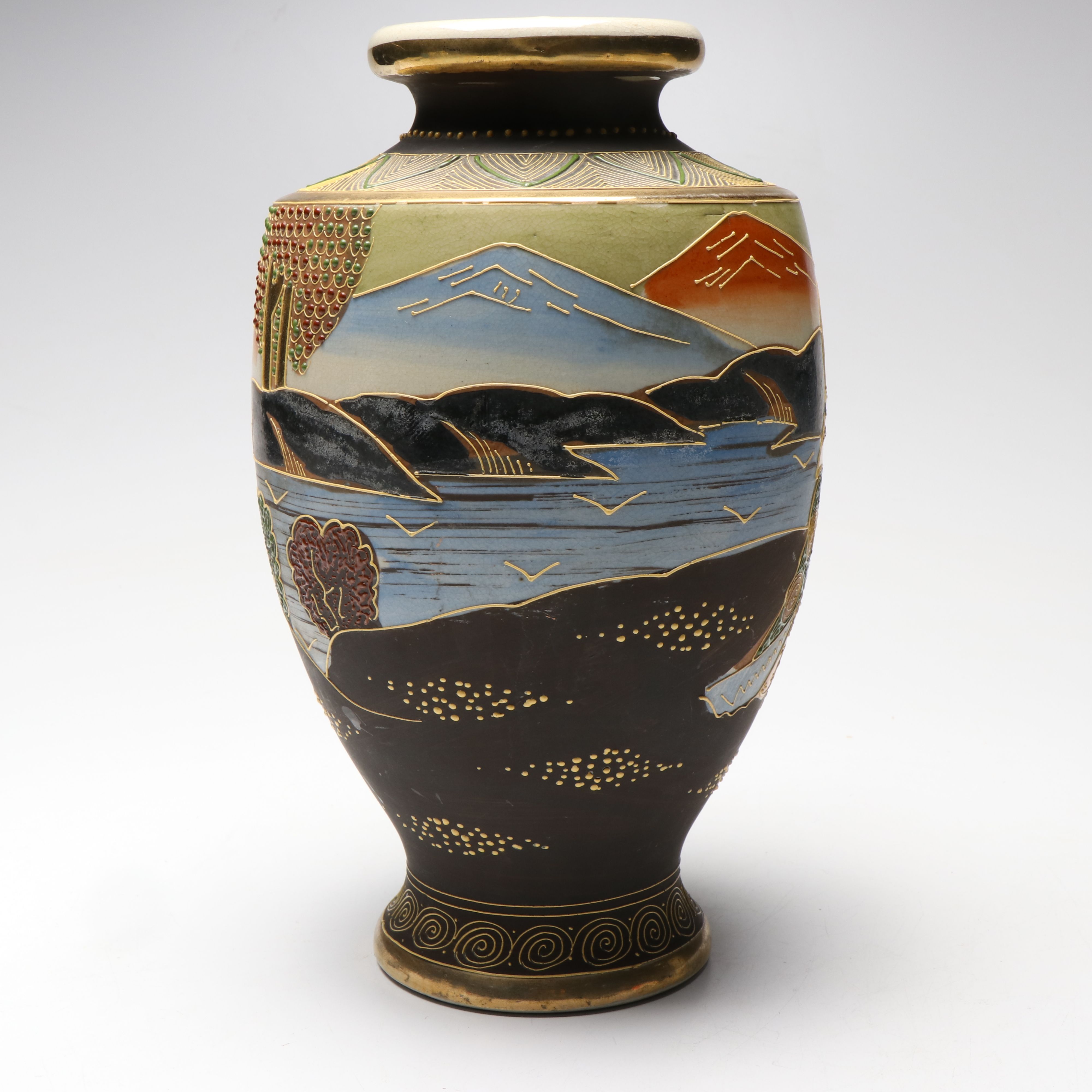 Japanese Satsuma Moriage Rakan and Kannon Porcelain Vase