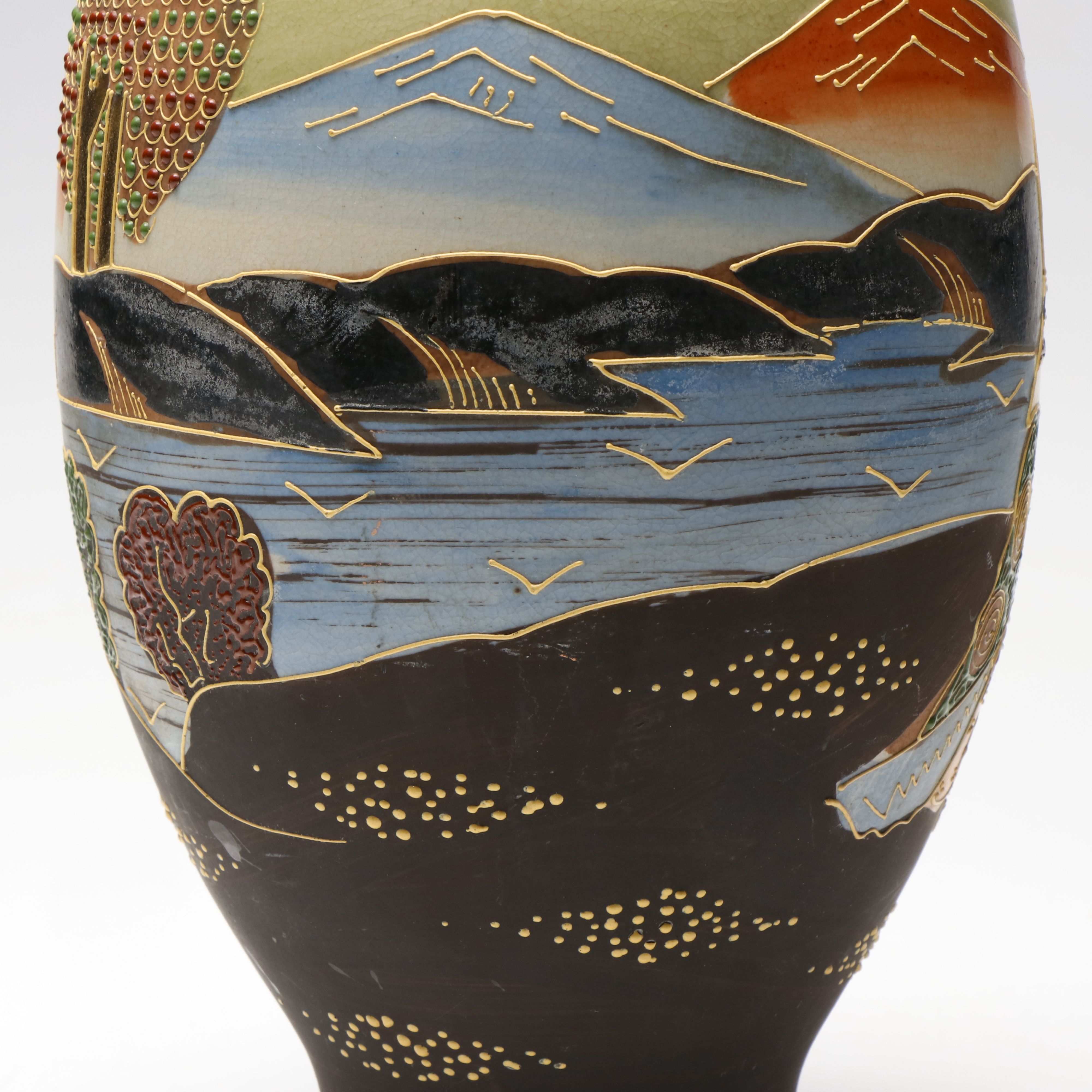 Japanese Satsuma Moriage Rakan and Kannon Porcelain Vase