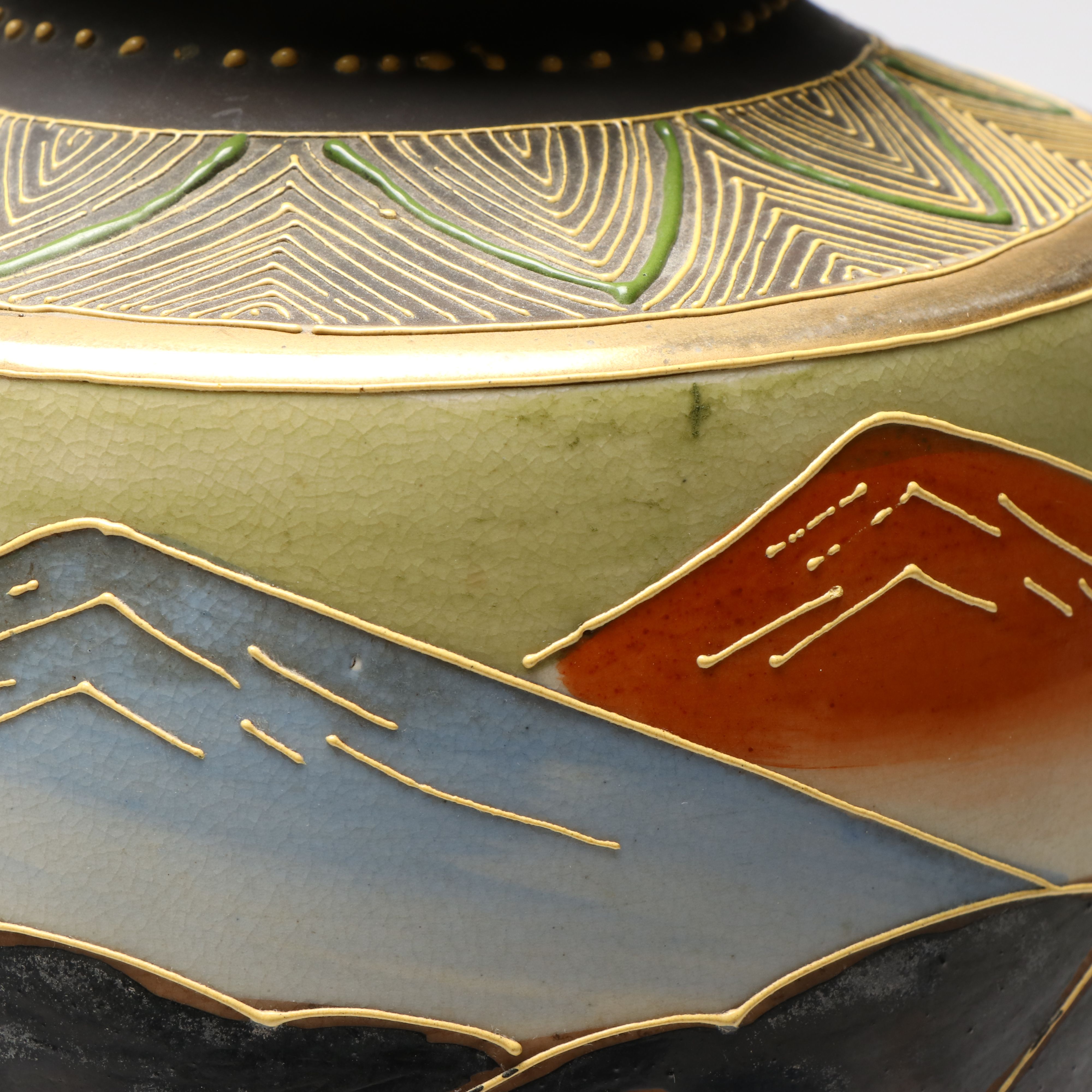 Japanese Satsuma Moriage Rakan and Kannon Porcelain Vase