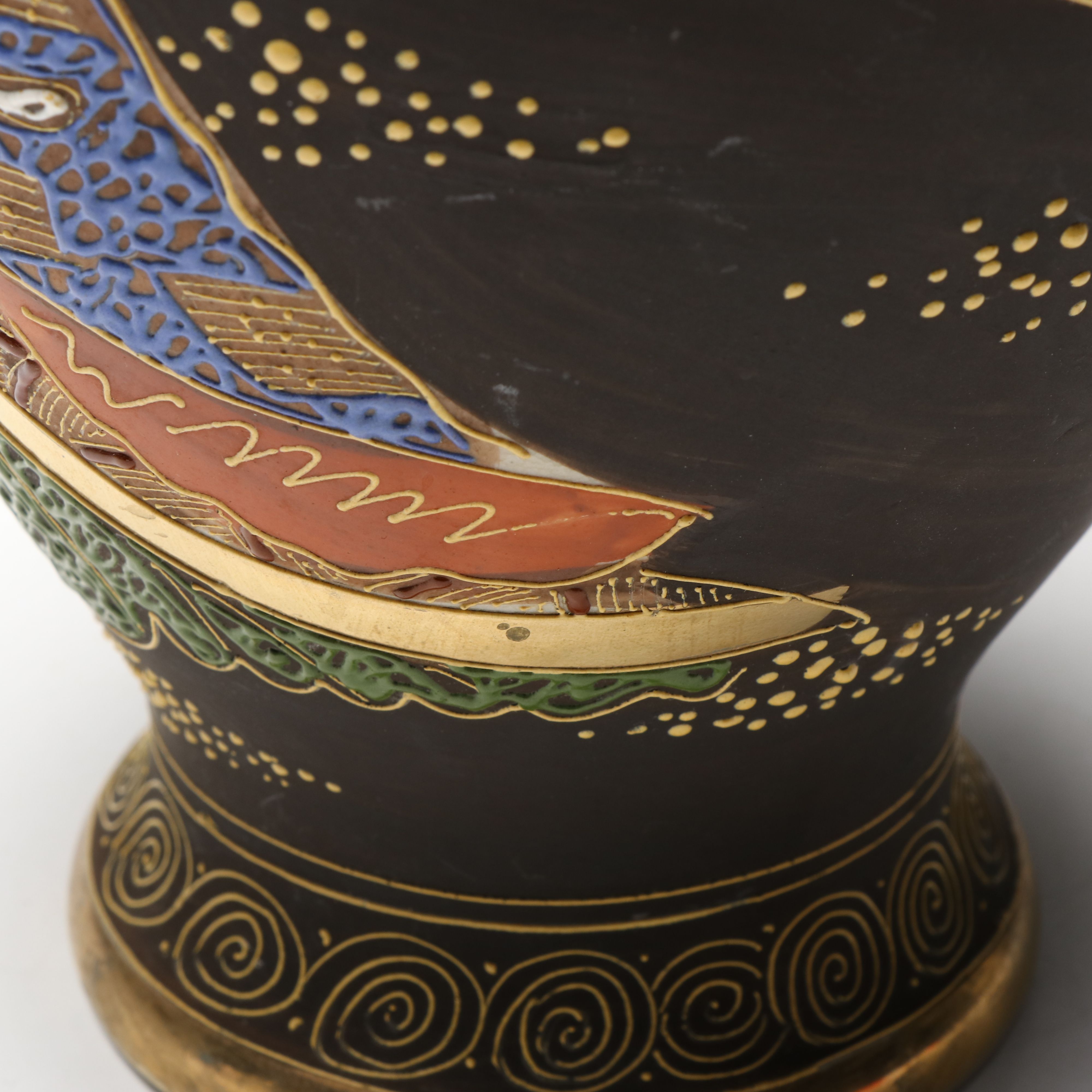 Japanese Satsuma Moriage Rakan and Kannon Porcelain Vase
