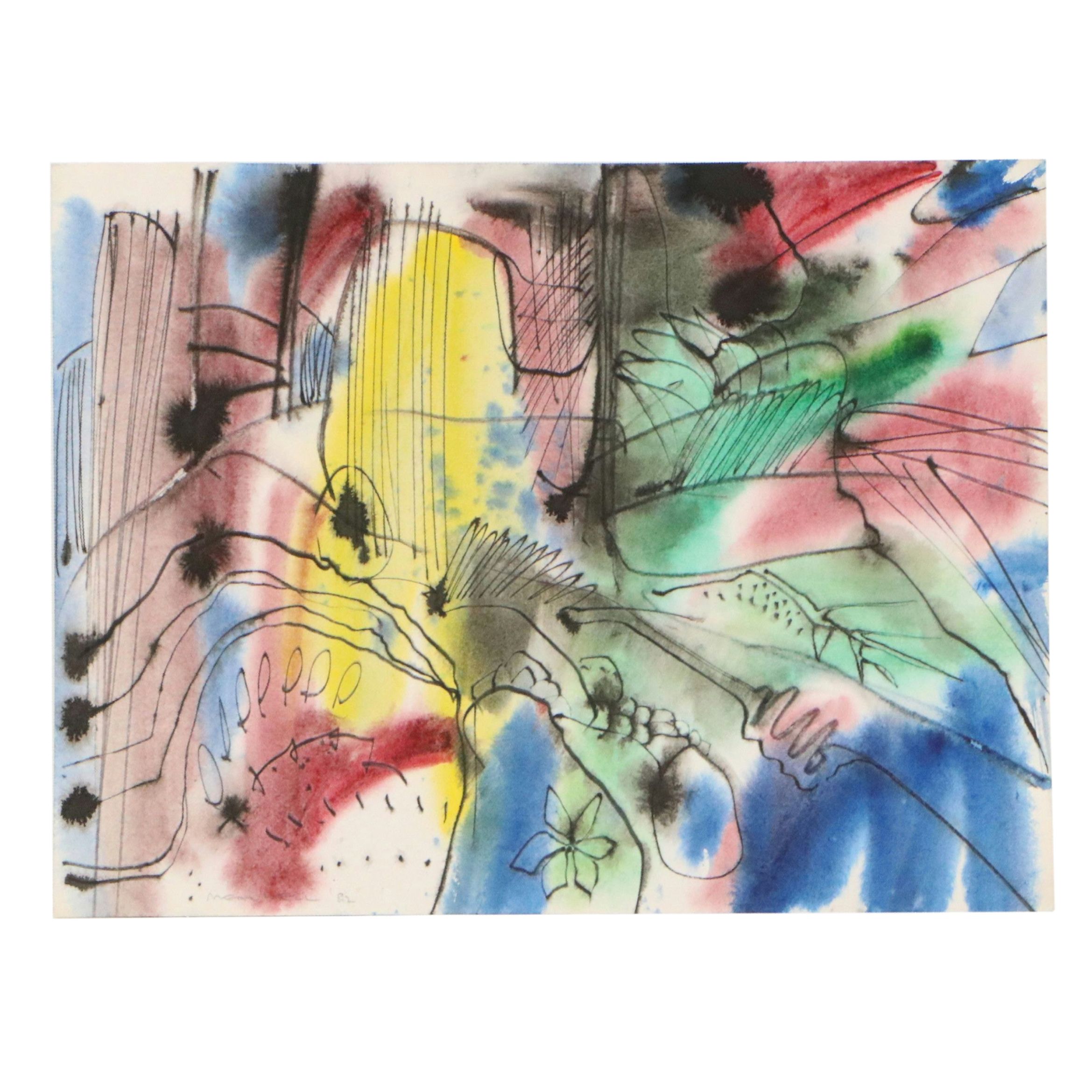 Jack Meanwell Ink and Watercolor Composition, 1982