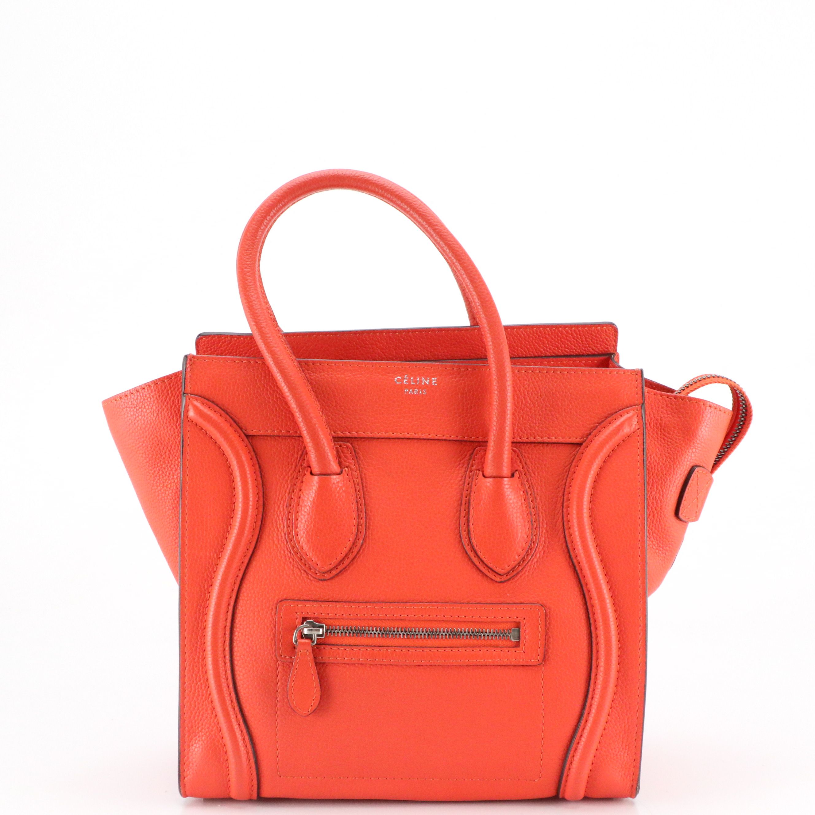 LEO: Celine Micro Luggage Handbag in Orange Grained Calfskin Leather