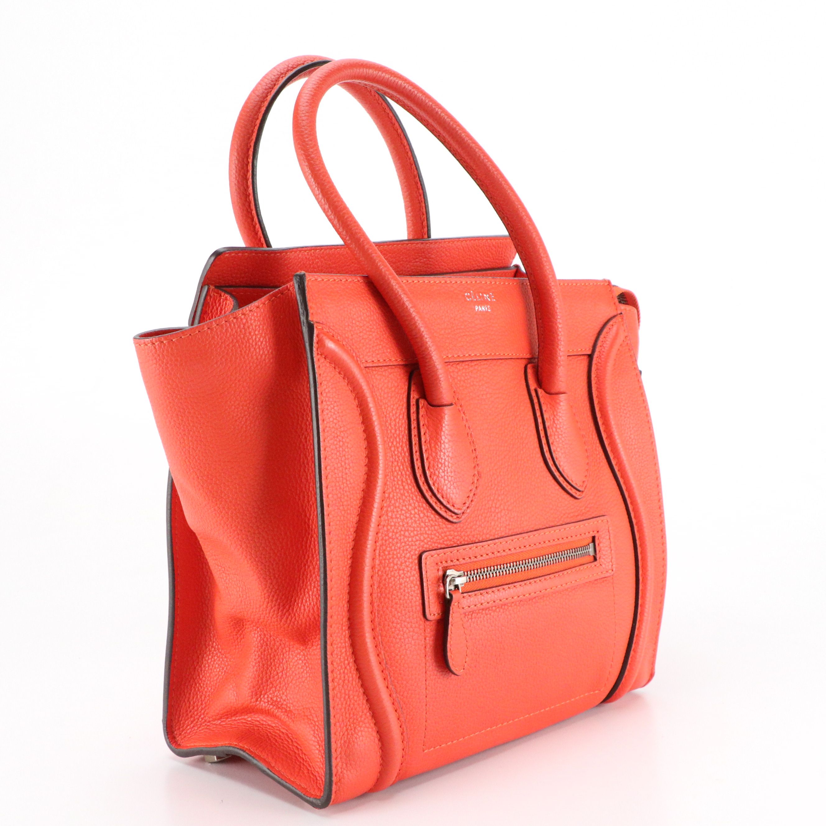 LEO: Celine Micro Luggage Handbag in Orange Grained Calfskin Leather