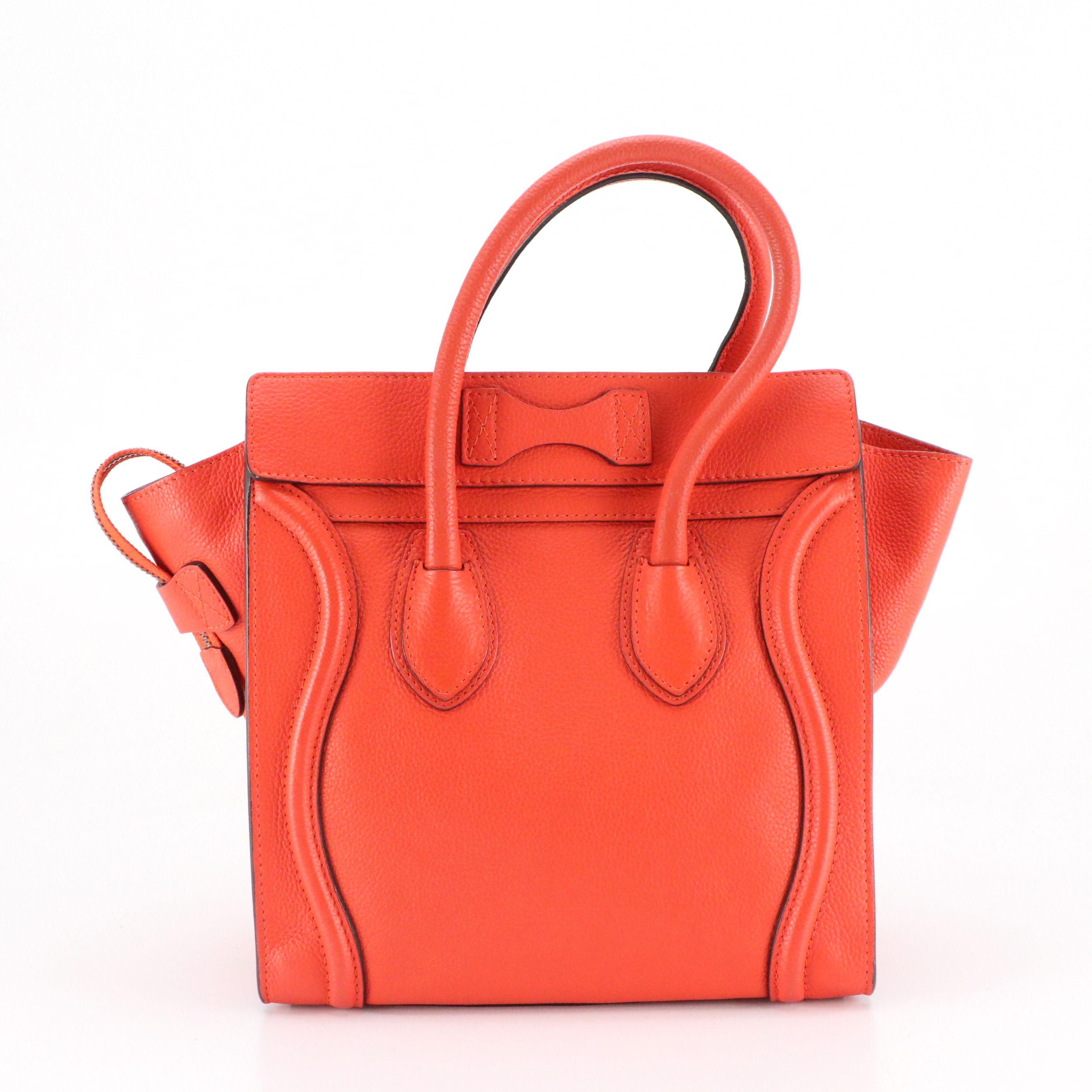 LEO: Celine Micro Luggage Handbag in Orange Grained Calfskin Leather