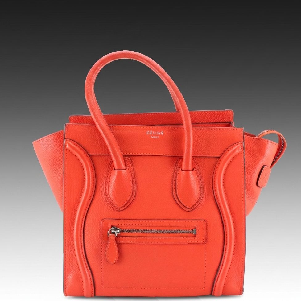 LEO: Celine Micro Luggage Handbag in Orange Grained Calfskin Leather