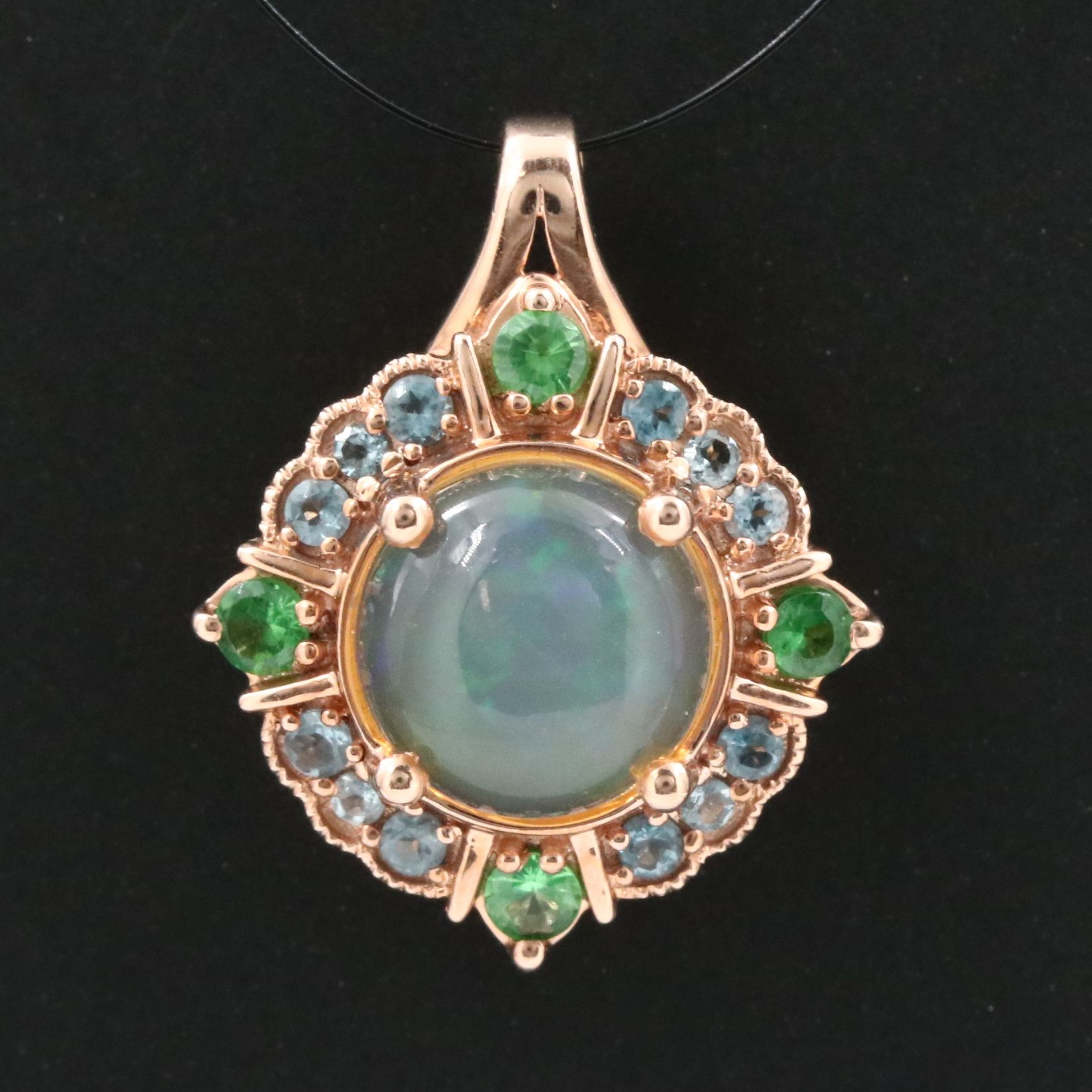 14K Rose Gold Opal, Tsavorite, and Blue Topaz Pendant