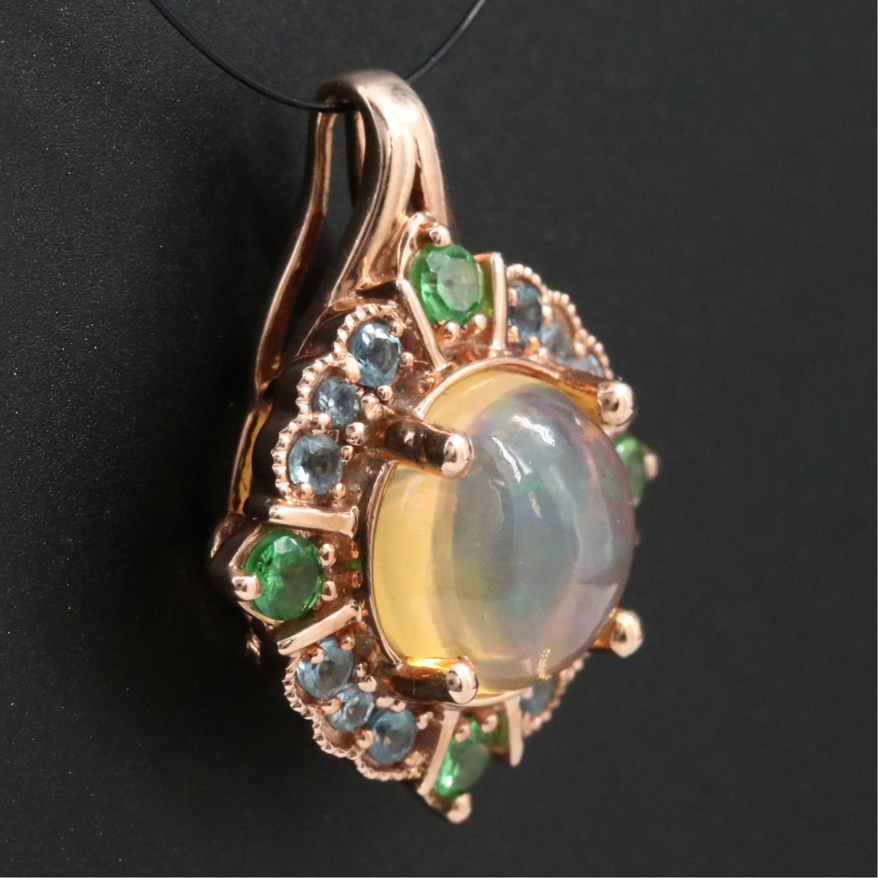 14K Rose Gold Opal, Tsavorite, and Blue Topaz Pendant