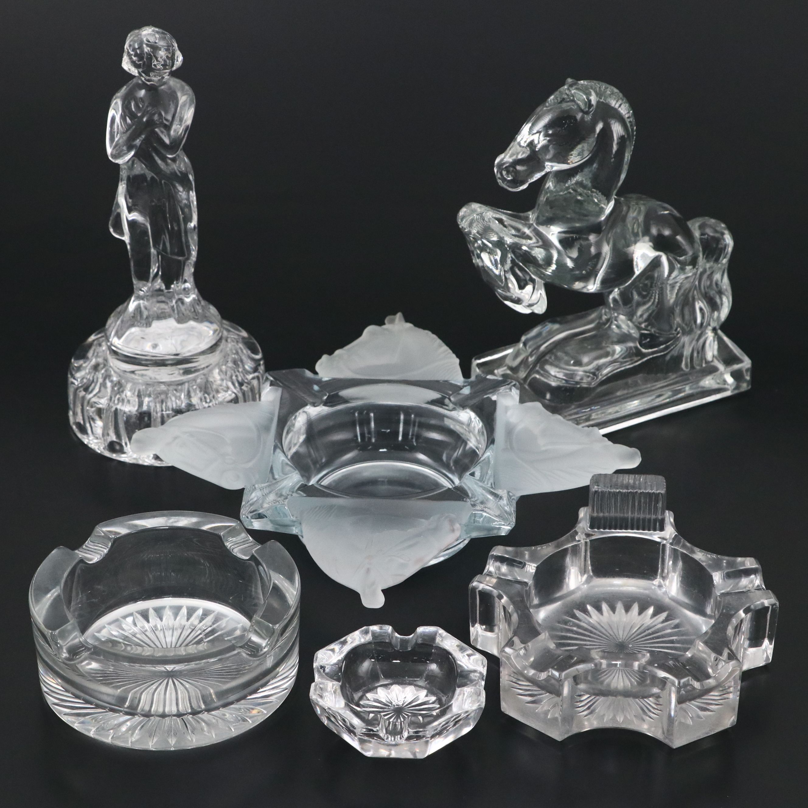 Fostoria "Rearing Horse" Bookend with Heisey Ashtrays and More Glass
