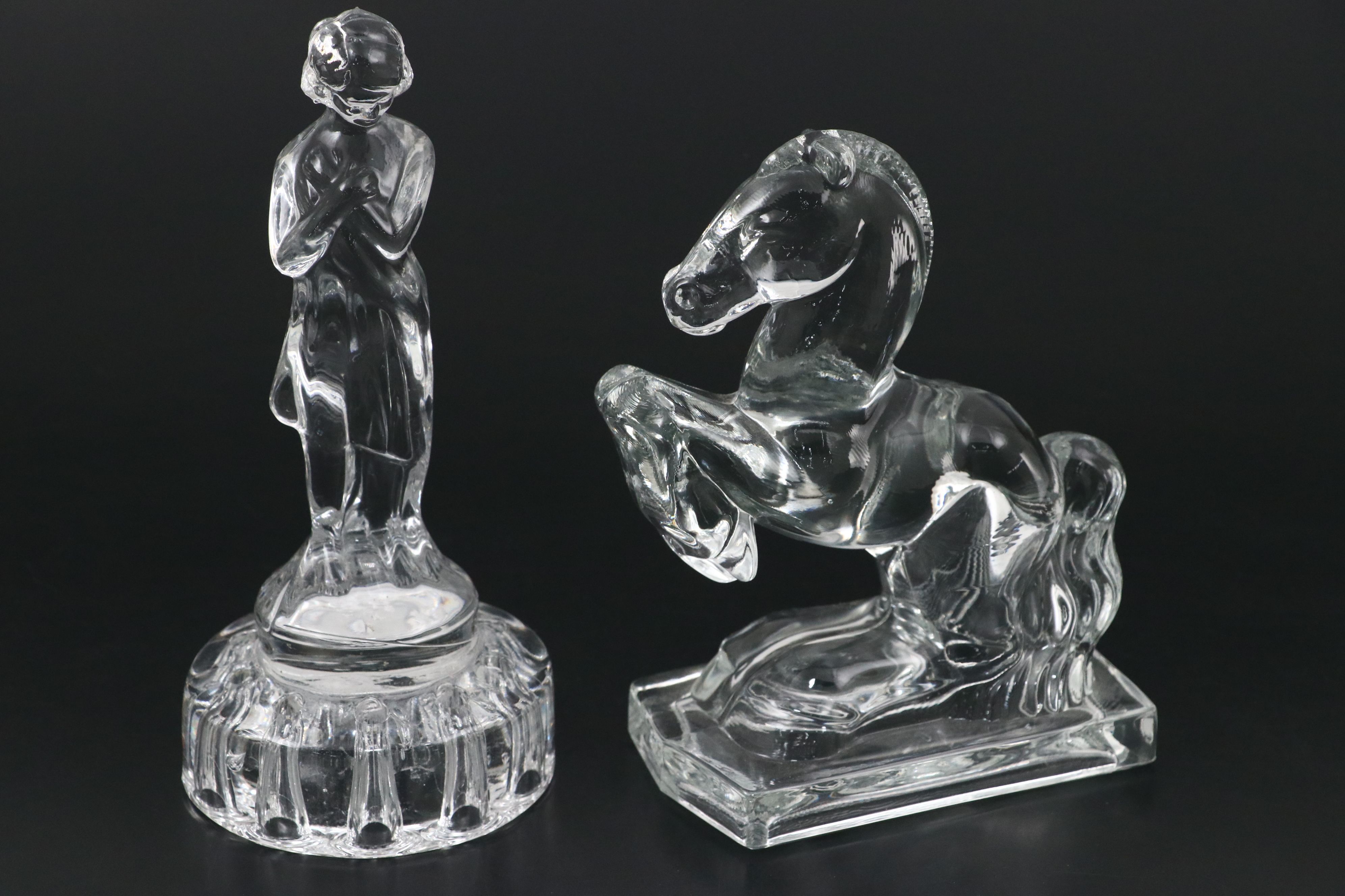 Fostoria "Rearing Horse" Bookend with Heisey Ashtrays and More Glass