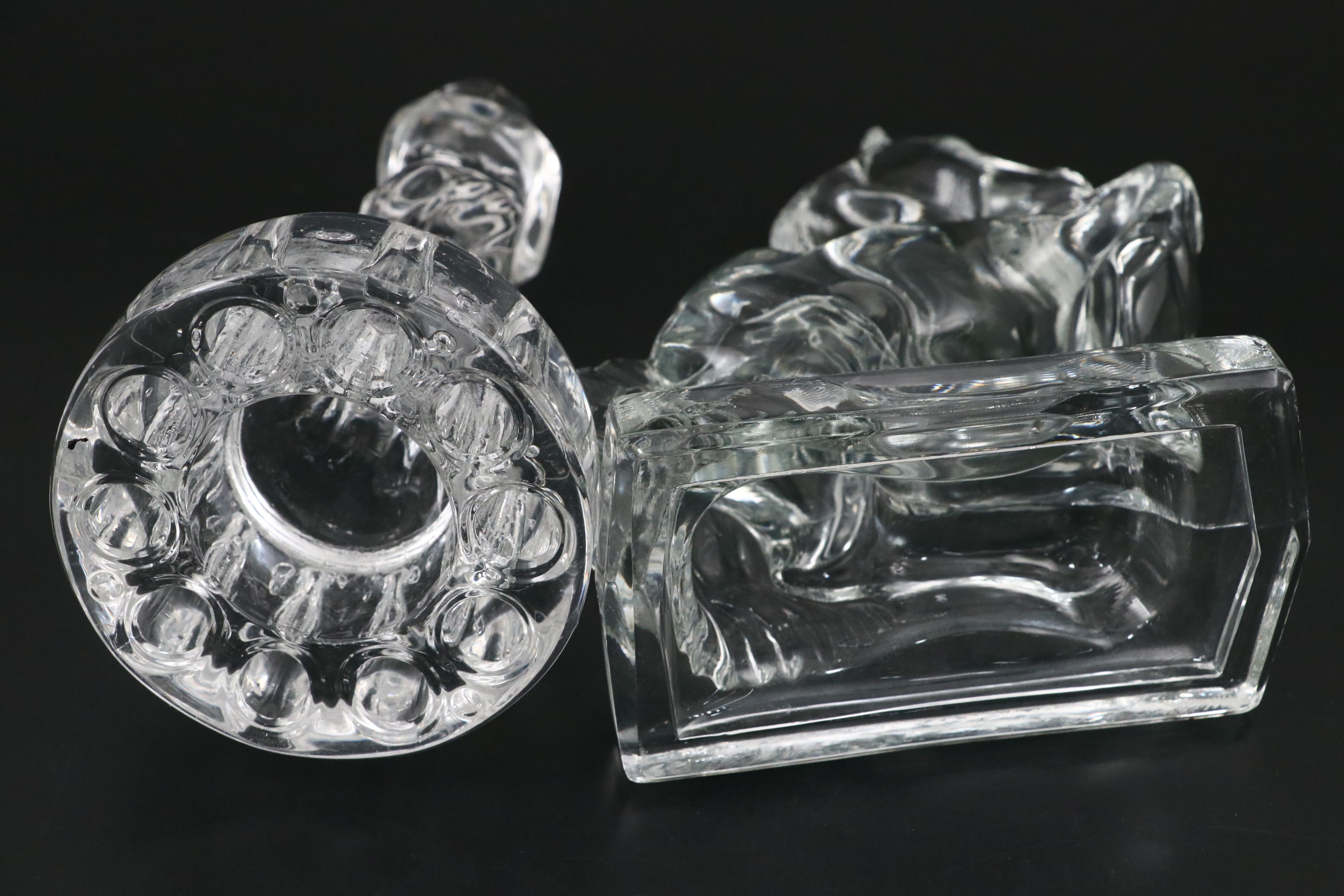 Fostoria "Rearing Horse" Bookend with Heisey Ashtrays and More Glass