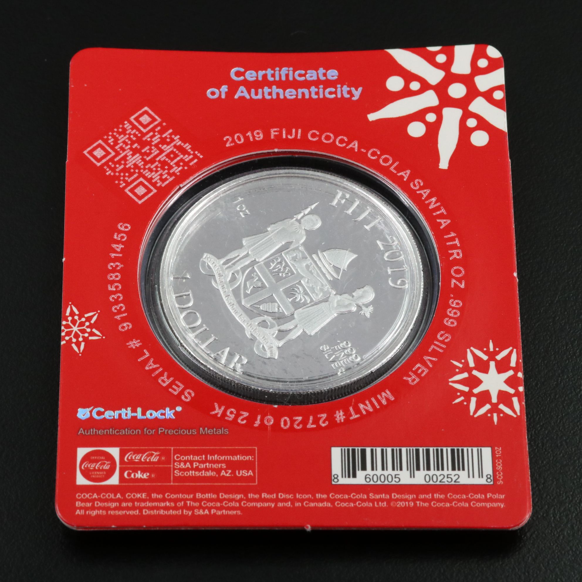 Two One-Troy Ounce 2019 Fiji $1 Fine Silver Coca Cola Holiday Coins