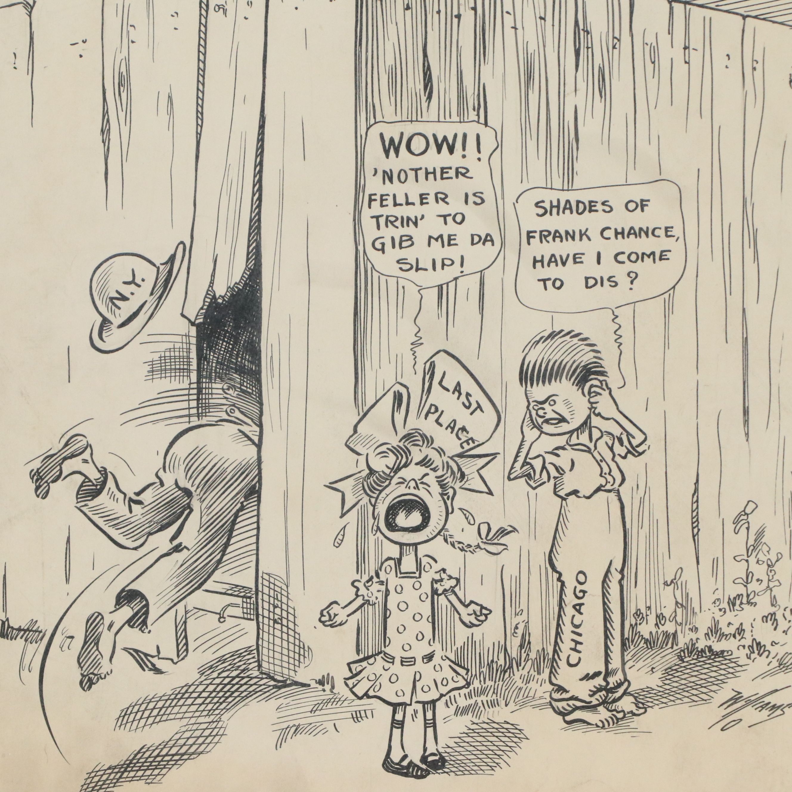 Reds Cartoon Ink Drawing "Puck 'em Red! Don't Shake 'em!," 20th Century