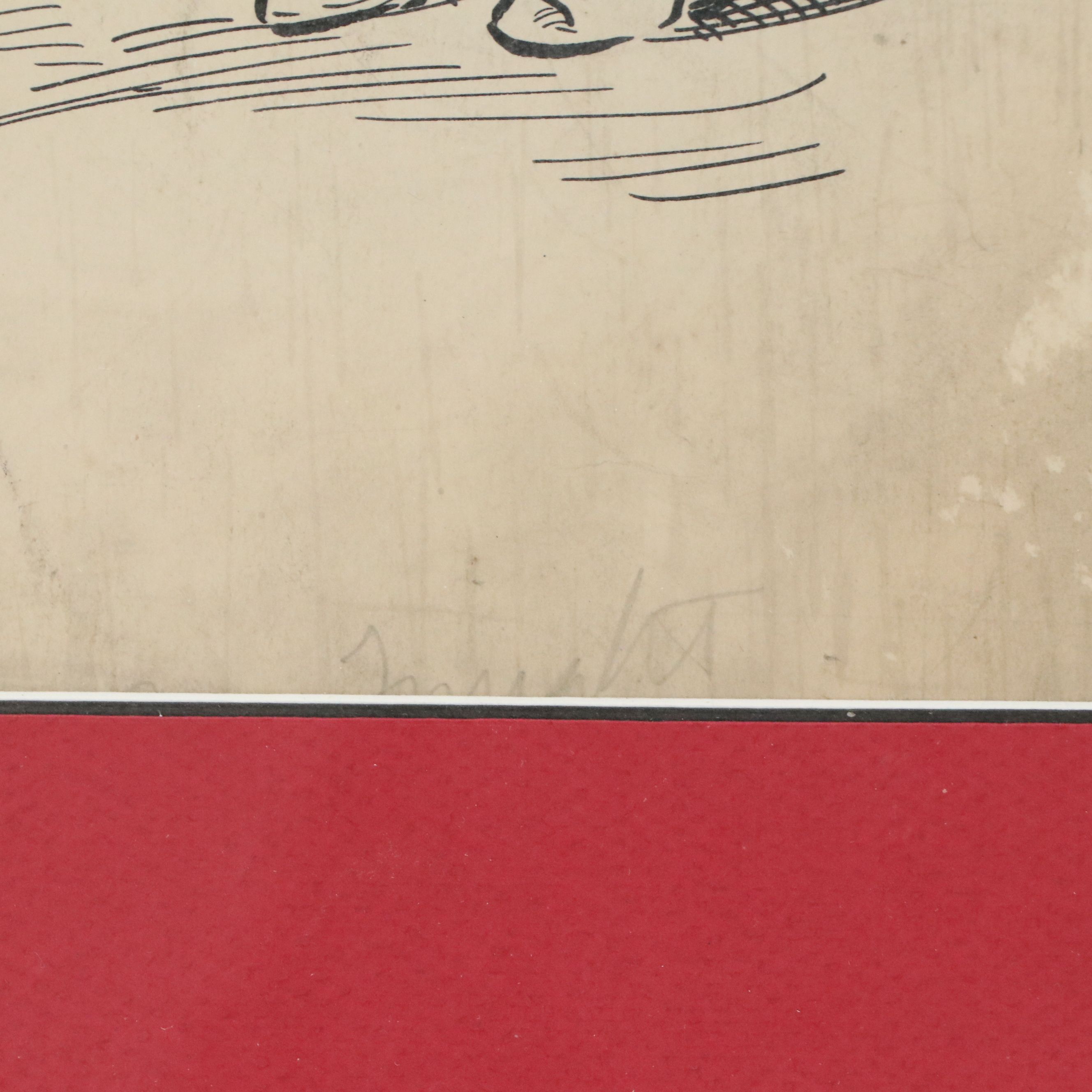 Reds Cartoon Ink Drawing "Puck 'em Red! Don't Shake 'em!," 20th Century