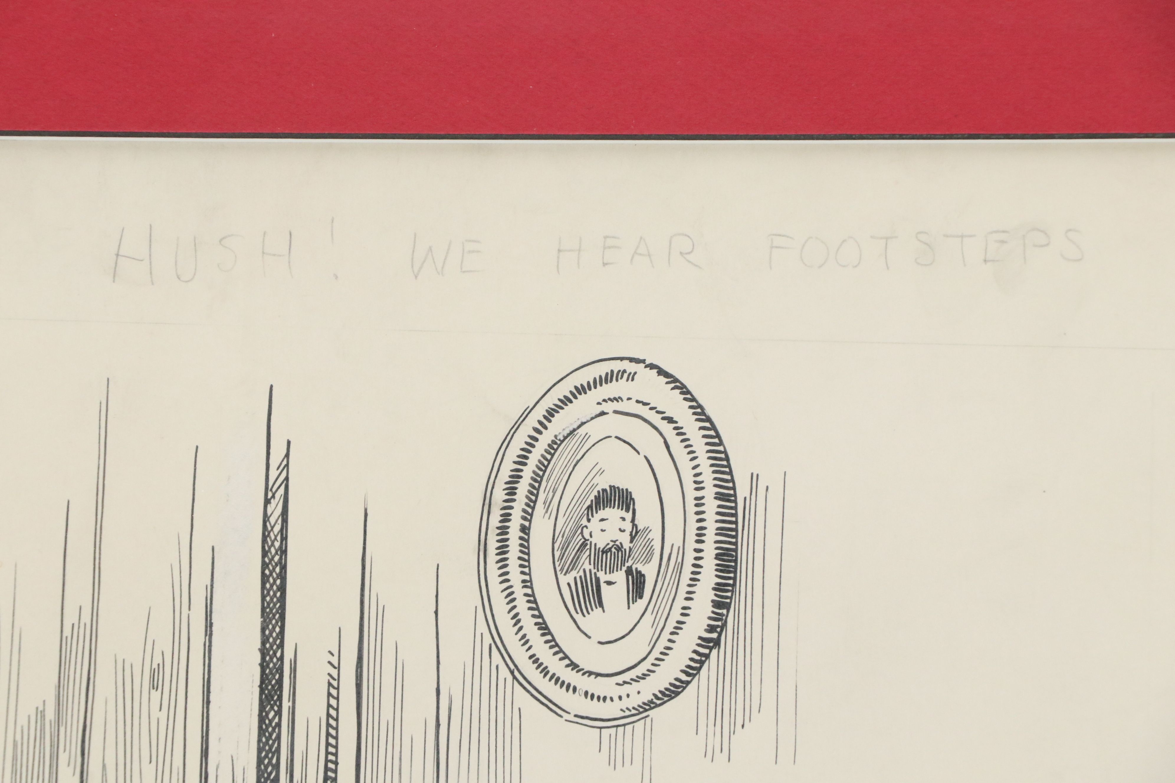 Reds Cartoon Ink Drawing "Hush! We Hear Footsteps," 20th century
