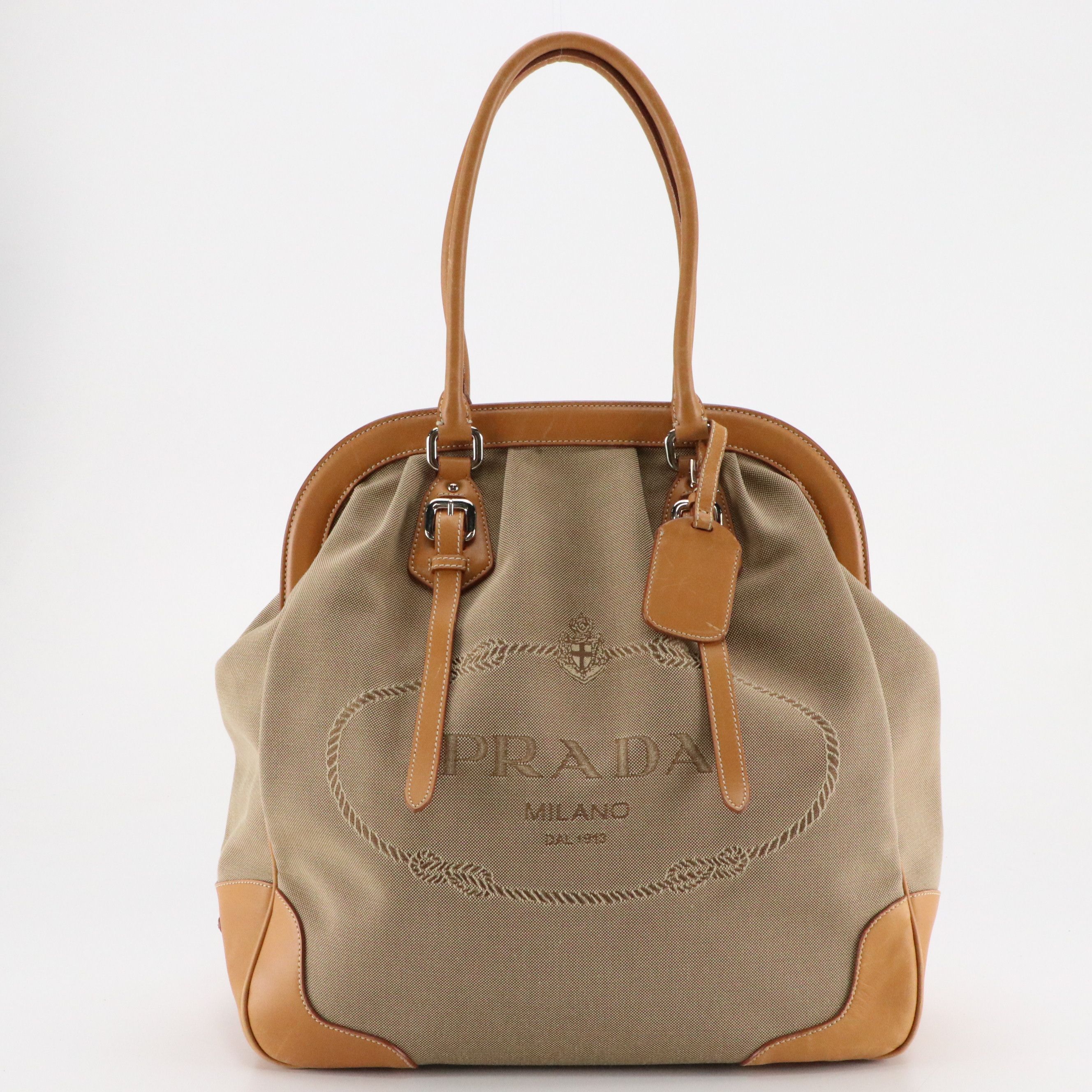 Prada Corda Logo Jacquard Canvas and Leather Large Frame Tote Bag