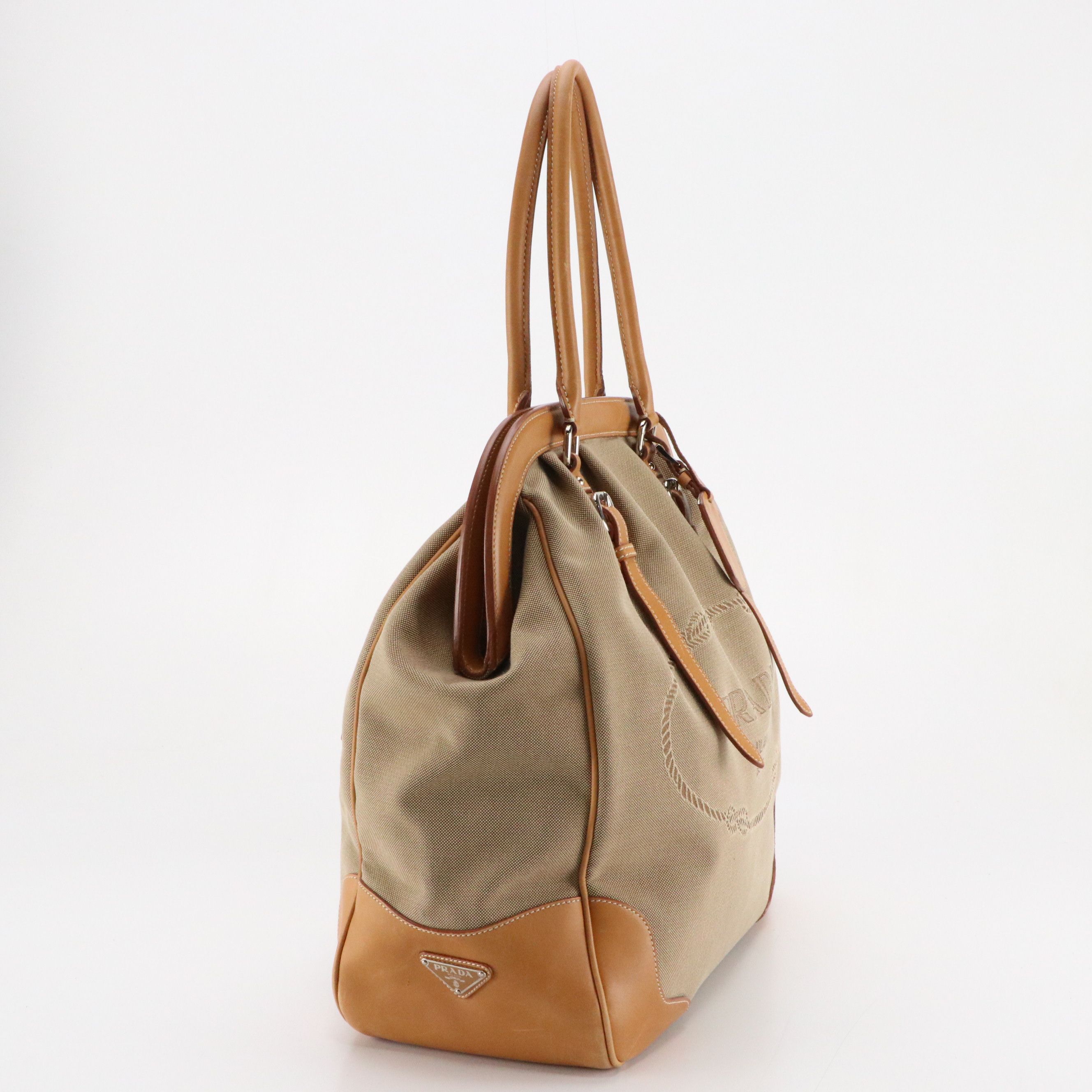 Prada Corda Logo Jacquard Canvas and Leather Large Frame Tote Bag
