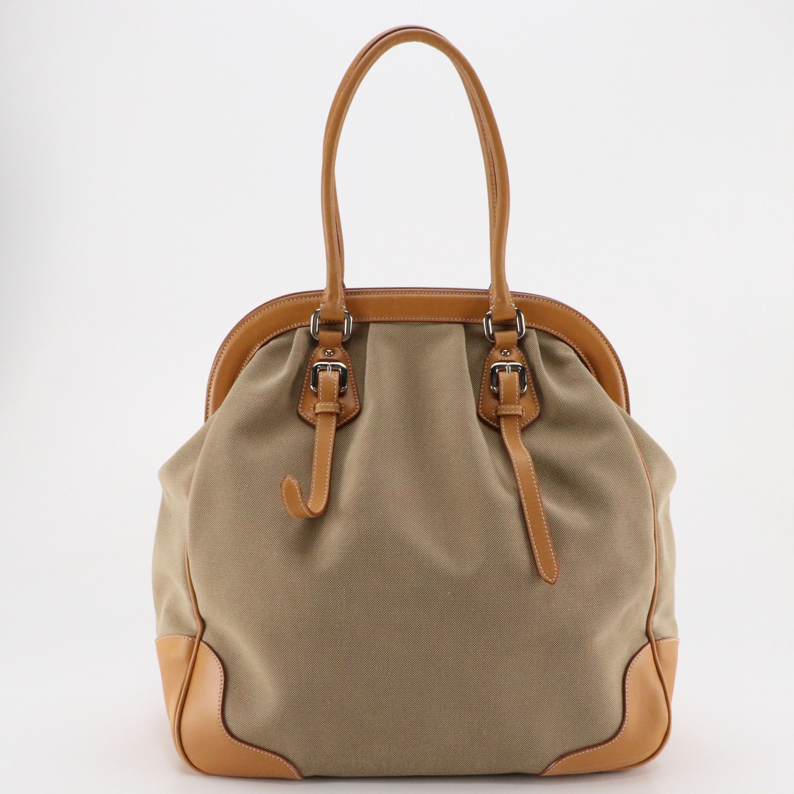 Prada Corda Logo Jacquard Canvas and Leather Large Frame Tote Bag