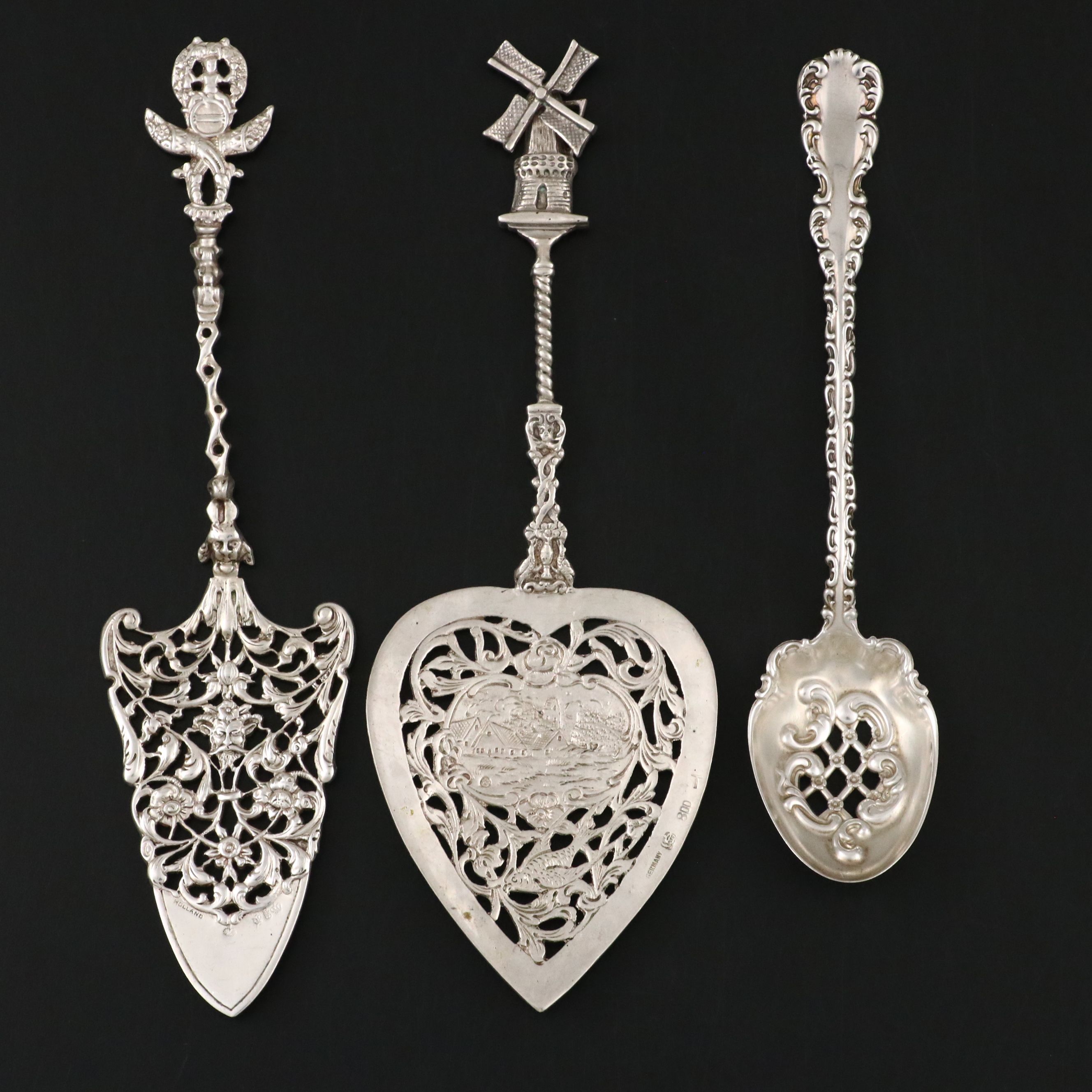 Dutch 800 Silver Satyr Cake Server with German and Other Pierced Utensil