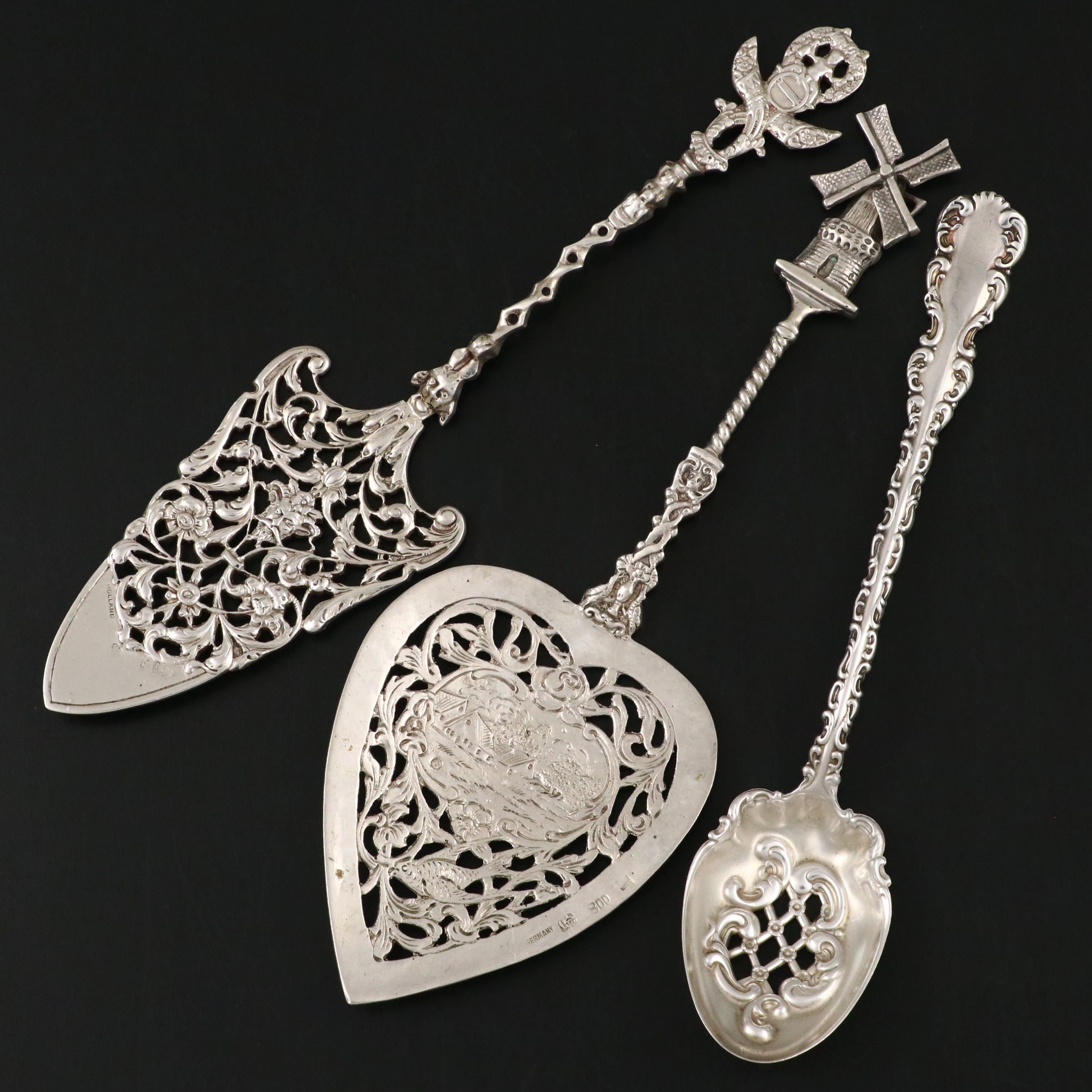 Dutch 800 Silver Satyr Cake Server with German and Other Pierced Utensil