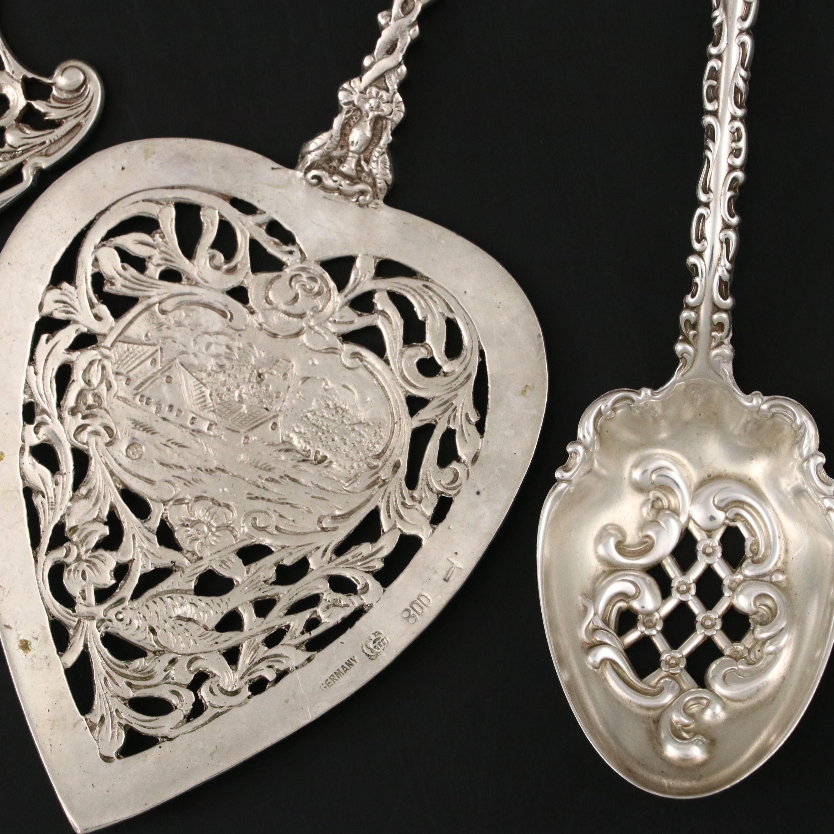 Dutch 800 Silver Satyr Cake Server with German and Other Pierced Utensil