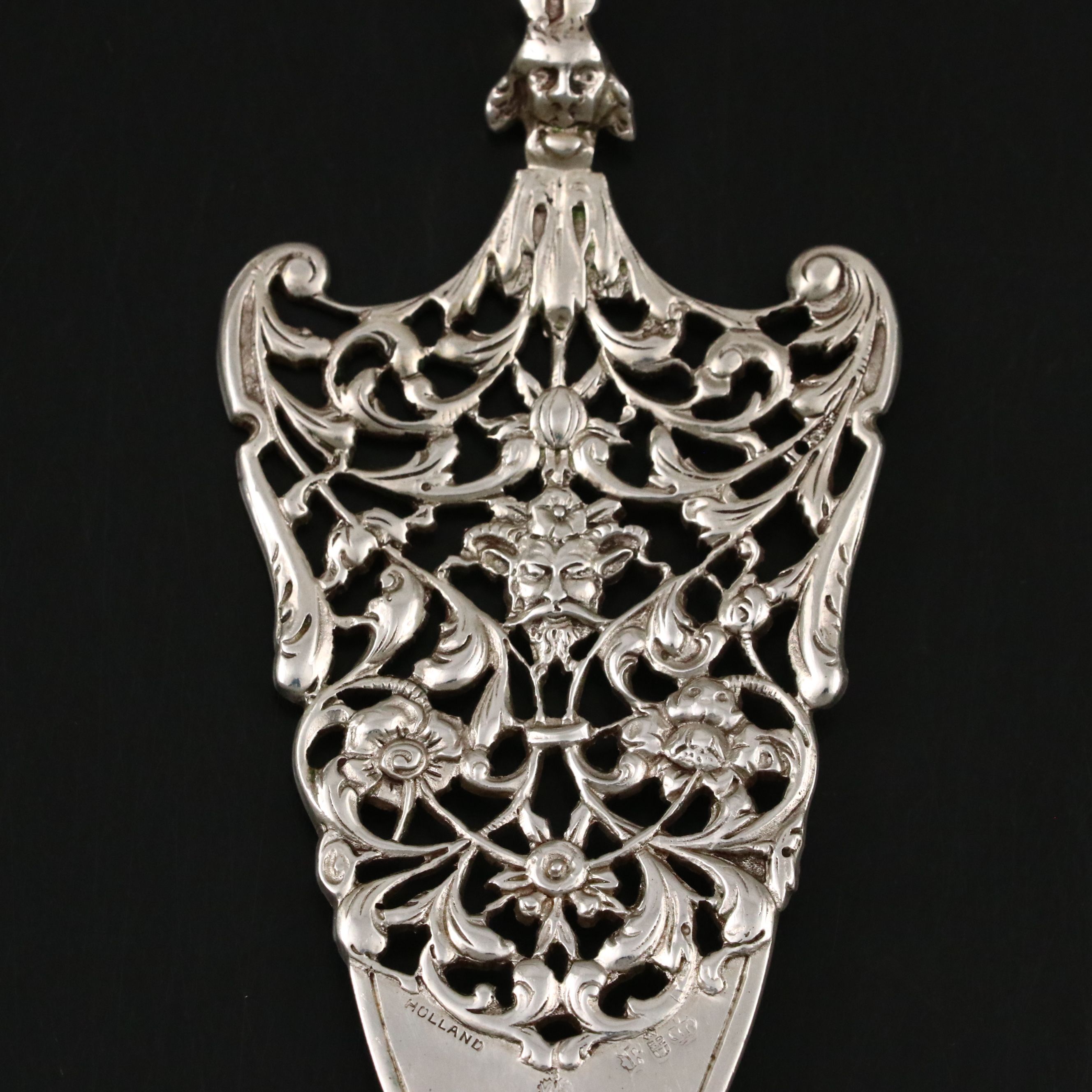 Dutch 800 Silver Satyr Cake Server with German and Other Pierced Utensil