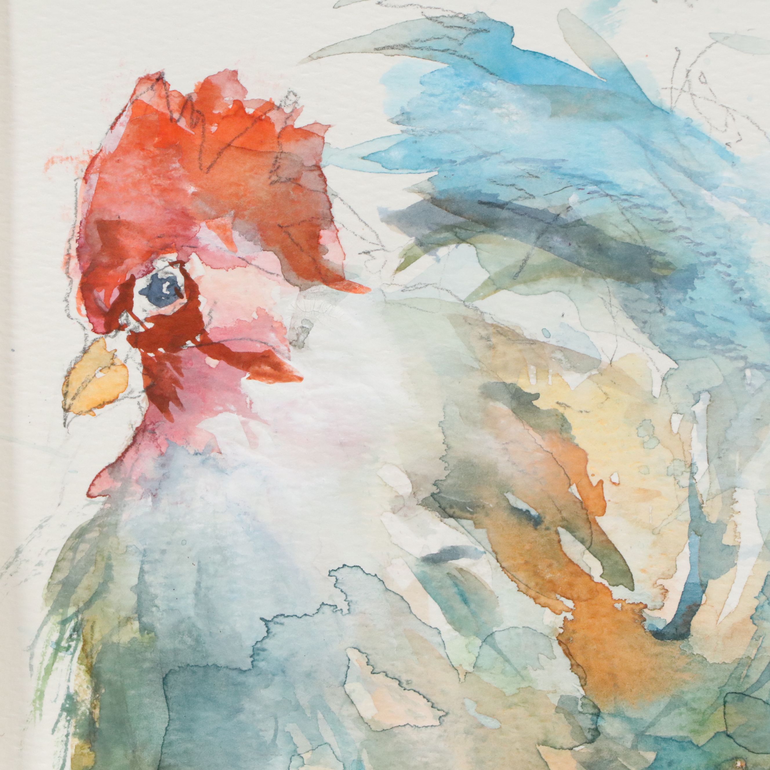 Watercolor and Graphite Painting of Rooster, 21 Century