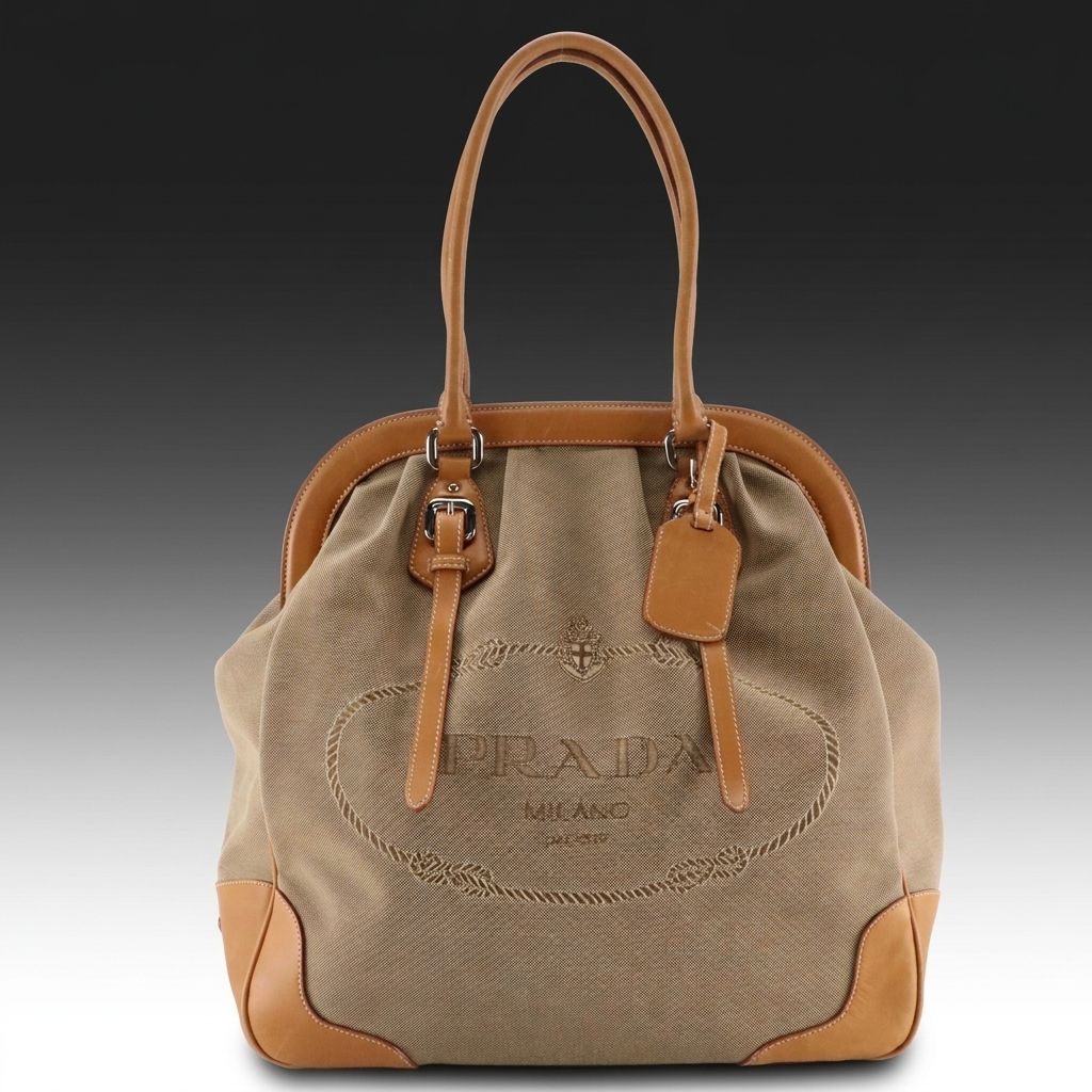 Prada Corda Logo Jacquard Canvas and Leather Large Frame Tote Bag