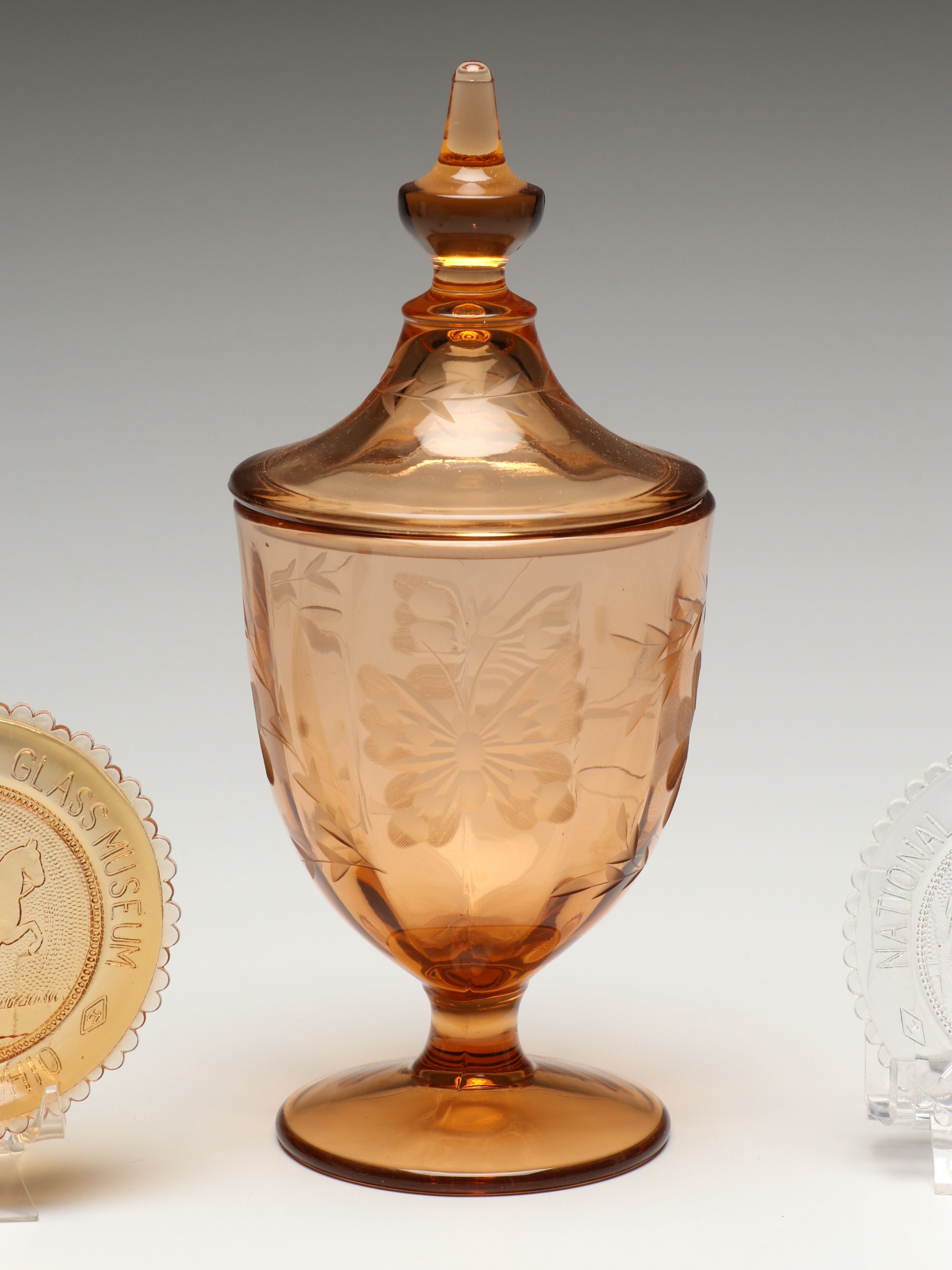 Heisey Sandwich Glass Souvenir Coasters with More Amber Glass Table Accessories