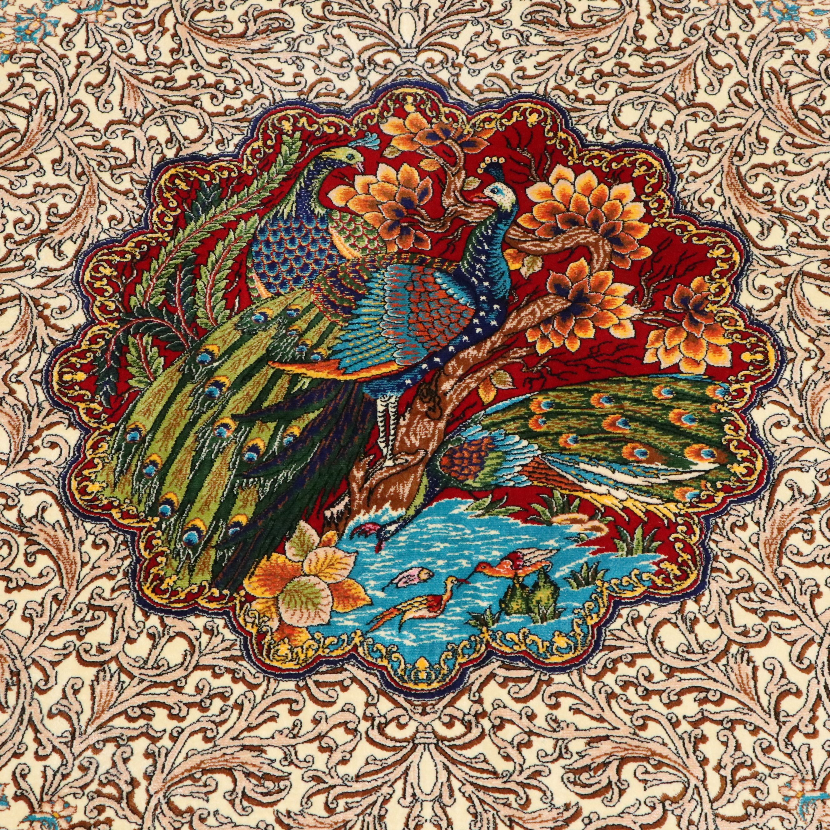 2´8 x 4´6 Power Loomed Turkish Peacock and Animal Pictorial Art Silk Accent Rug